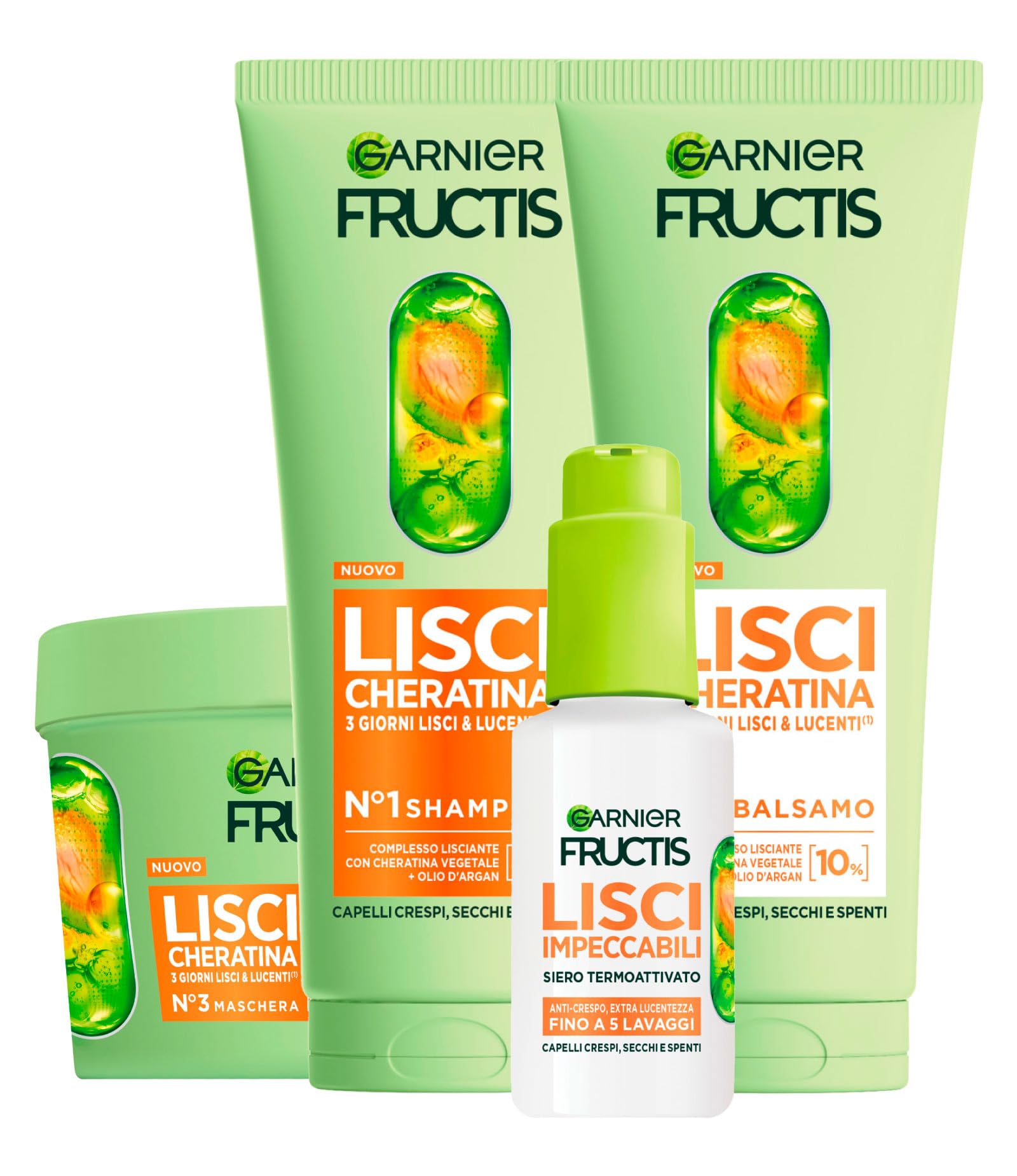 Garnier Fructis Keratin Sleek Straight Hair Kit with Shampoo 200ml + Conditioner 200ml + Mask 370ml + Heat Protector Serum Sleek & Stay 50ml for Dry Dull Frizzy Hair - Set of 4