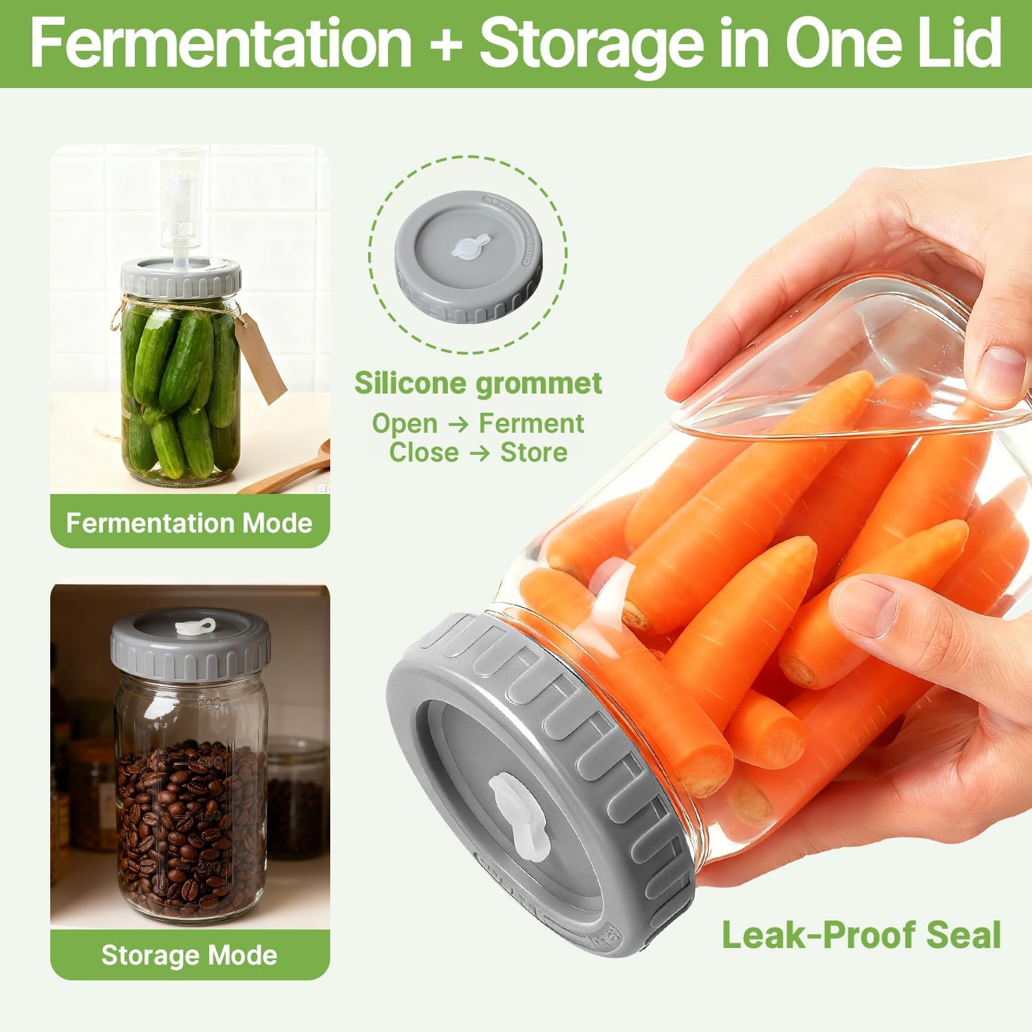 4-Pack Mason Jar Fermentation Kit(Jars Included) Four 32oz Fermentation Jars with Plastic Fermenting Lids, Airlocks, Silicone Rings & Grommets, and Glass Weights for Easy Fermenting & Storage - Image 4