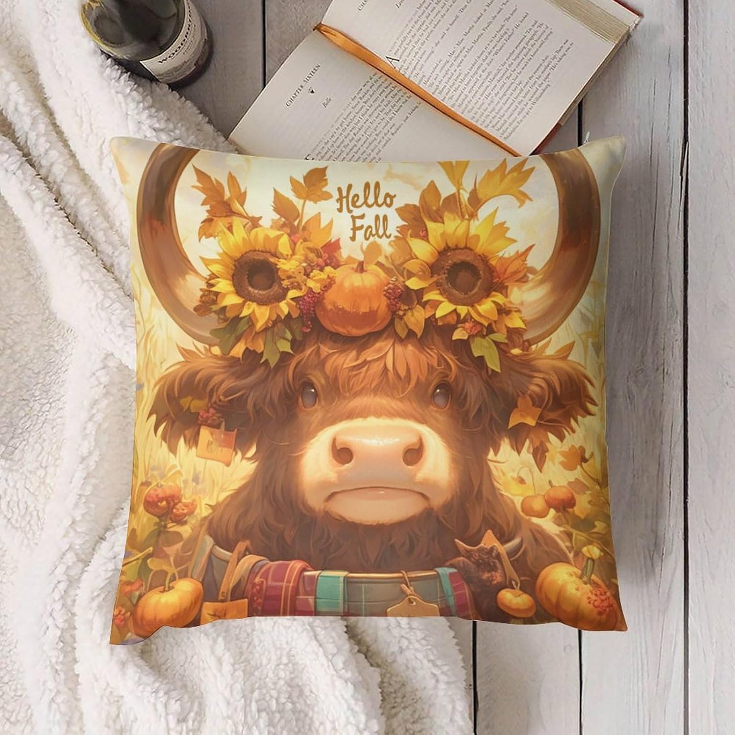 Pack of 4 Fall Fall Cow Pumpkin Sunflowers Decorative Throw Pillow Covers 22 x 22, Soft Square Cushion Case Pillow Cases Set for Farmhouse Home Couch Sofa Decor, Christmas Pillows Decorations