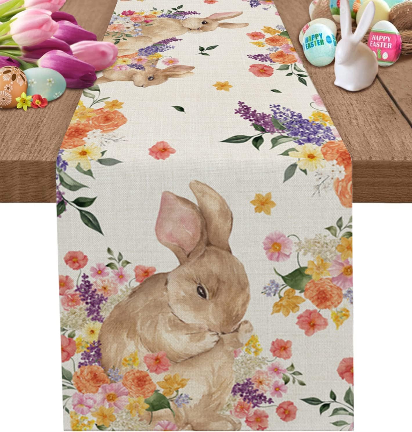 Gredice Easter Cute Rabbit Table Runner Watercolor Flower