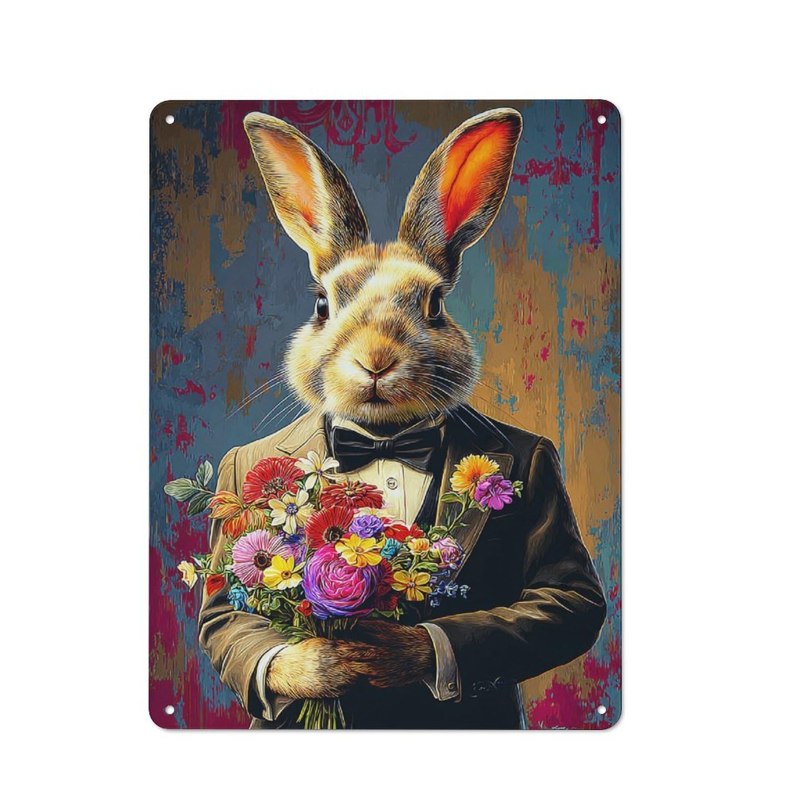 Junmoney Rabbit In Tuxedo With Floral Bouquet Vintage Tin Sign 40X30cm, Old Fashioned Retro Room Decor For Bedroom, Office, Home Bar Or Dining Room