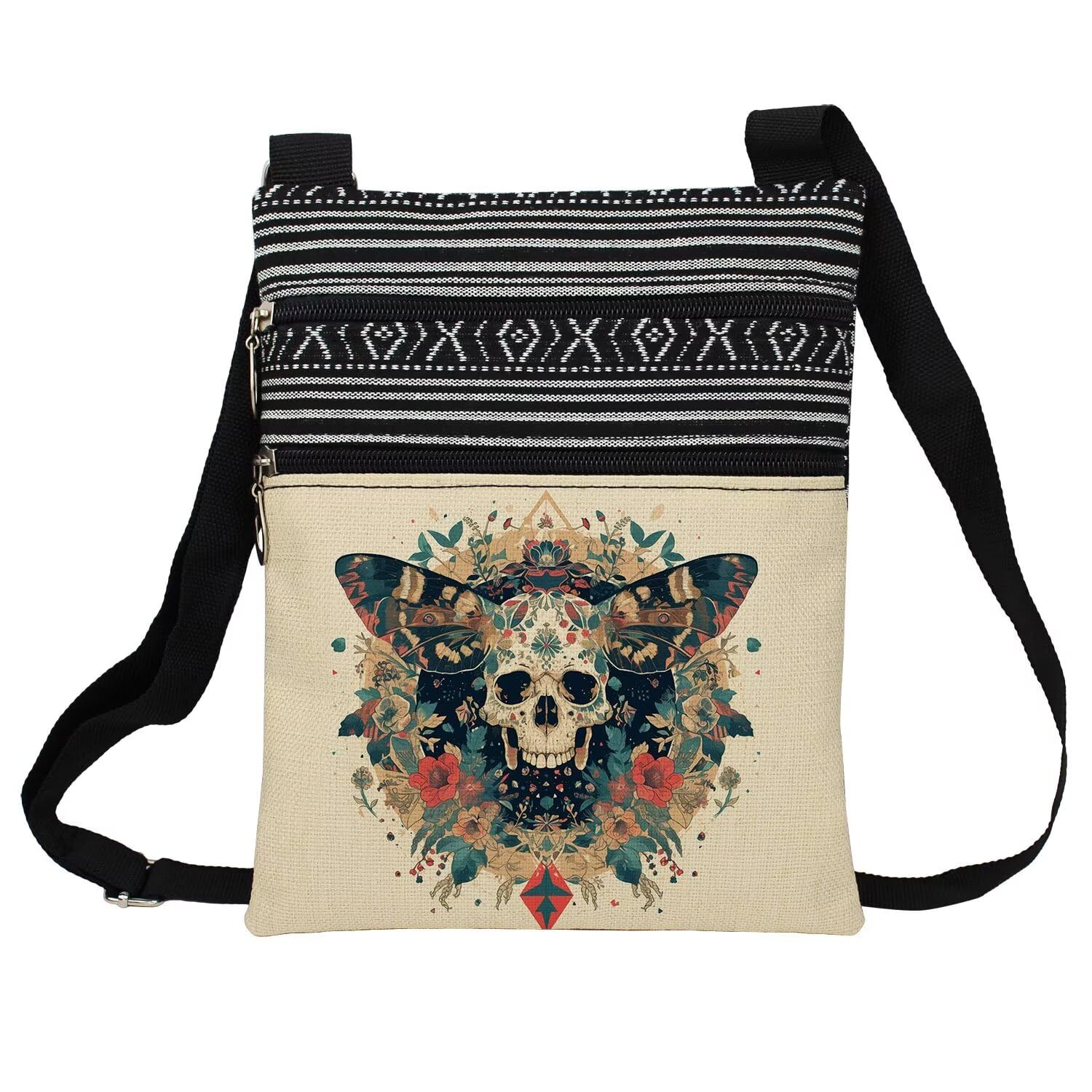 LiuenMgg Skull Messenger Bag Ethnic Pattern Printed Adjustable Strap Crossbody Zipper Pouch Gothic Present for Woman
