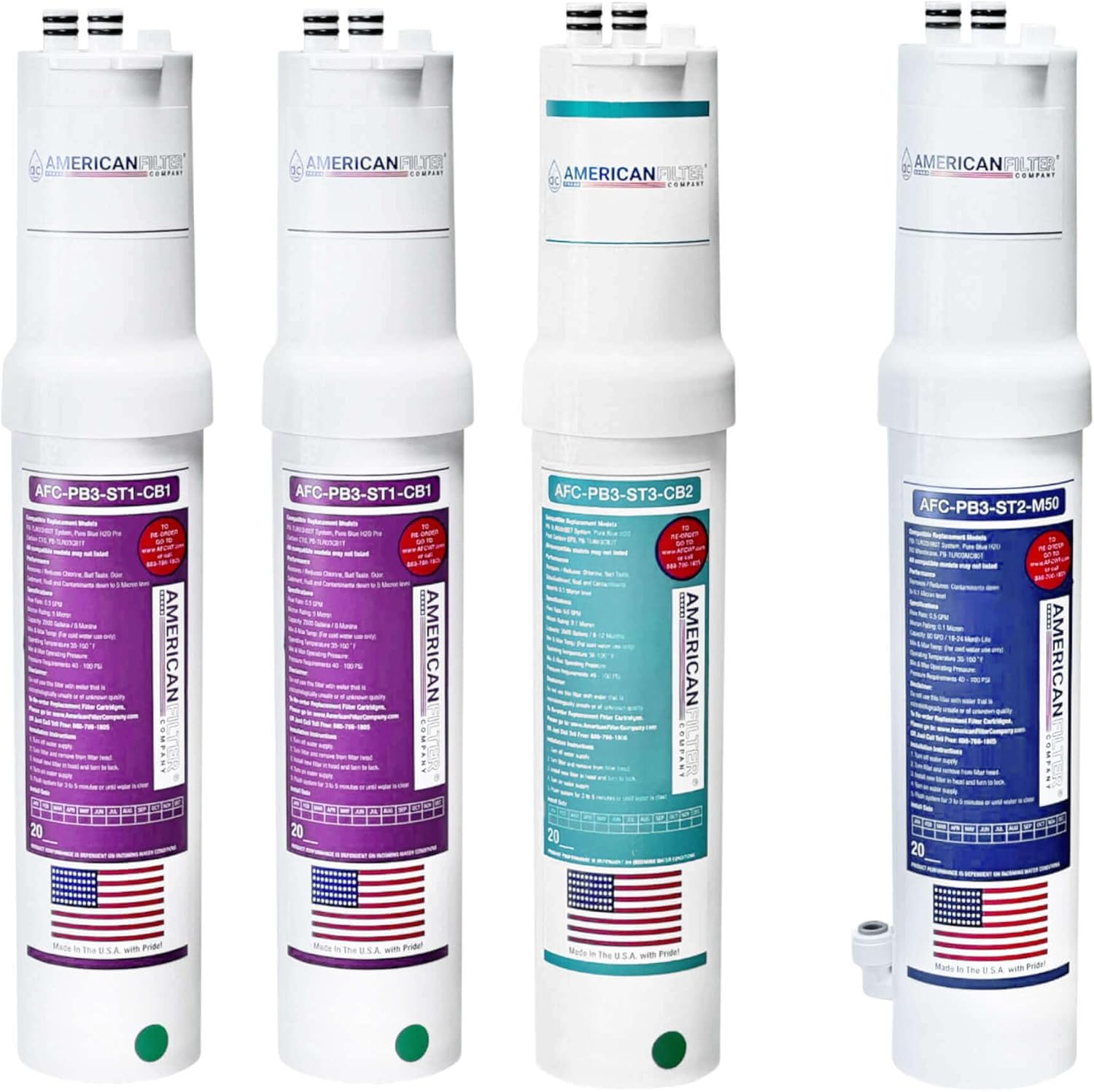 American Filter Company® #AFC-PB3-1YR-2PR-1GR-1BL-4PK, Compatible with PureBlue H2O® PB-TLRO3H80T Water Filter System - 1 Year Pack (With Membrane)