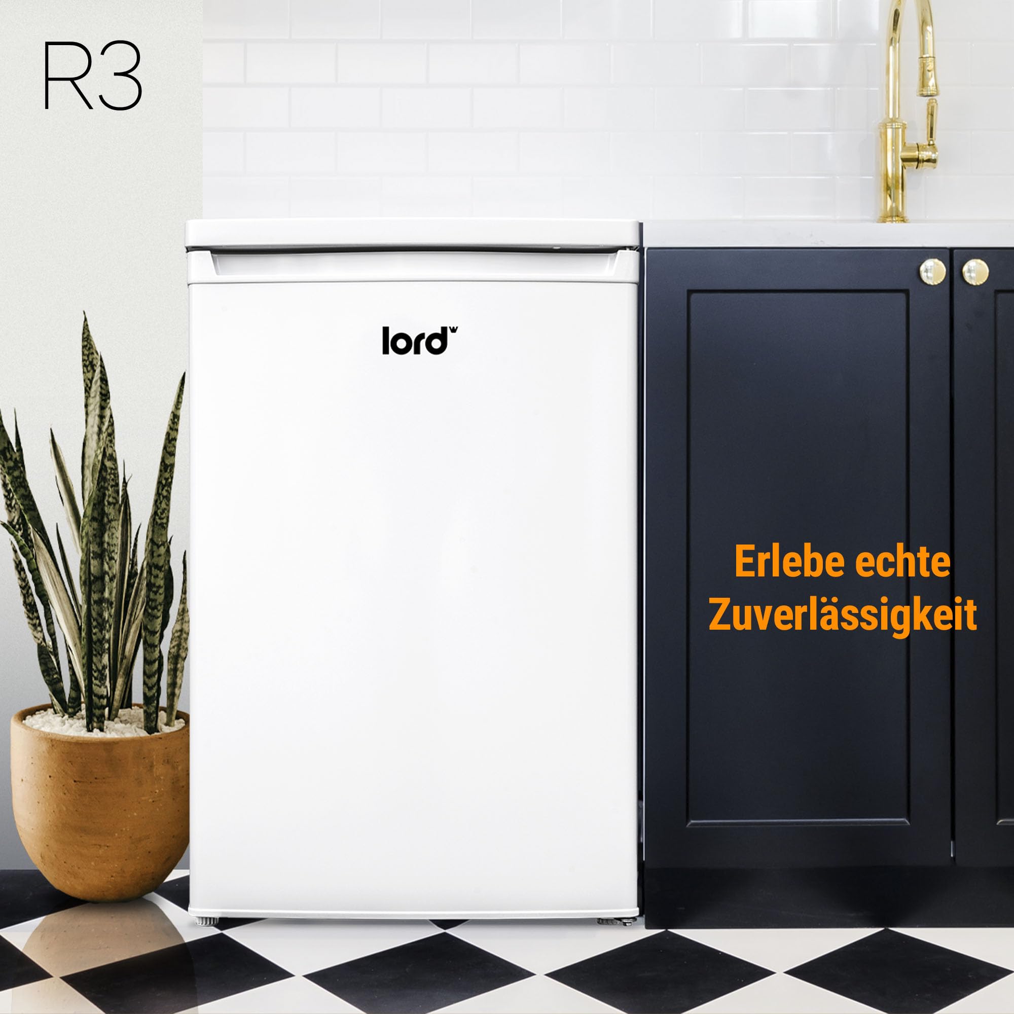 Lord R3 Kühlschrank mit Gefrierfach, 85 cm hoch, 109 L, Energieklasse D, leise 37 dB, freistehend - Mini Kühlschrank mit 14 L Gefrierfach, weiß