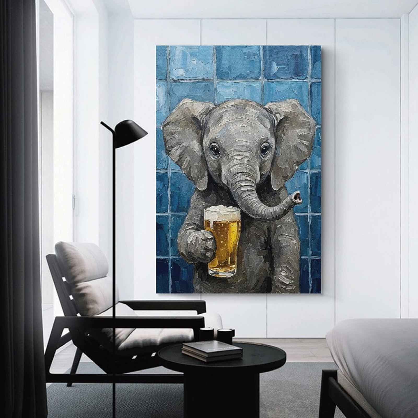 Junmoney Elephant with Beer Painting Wall Picture Print, 24x36inch(60x90cm), for Workspace Walls, Study Corners Or Bedrooms, Wall Art That Adds Style to Work Areas