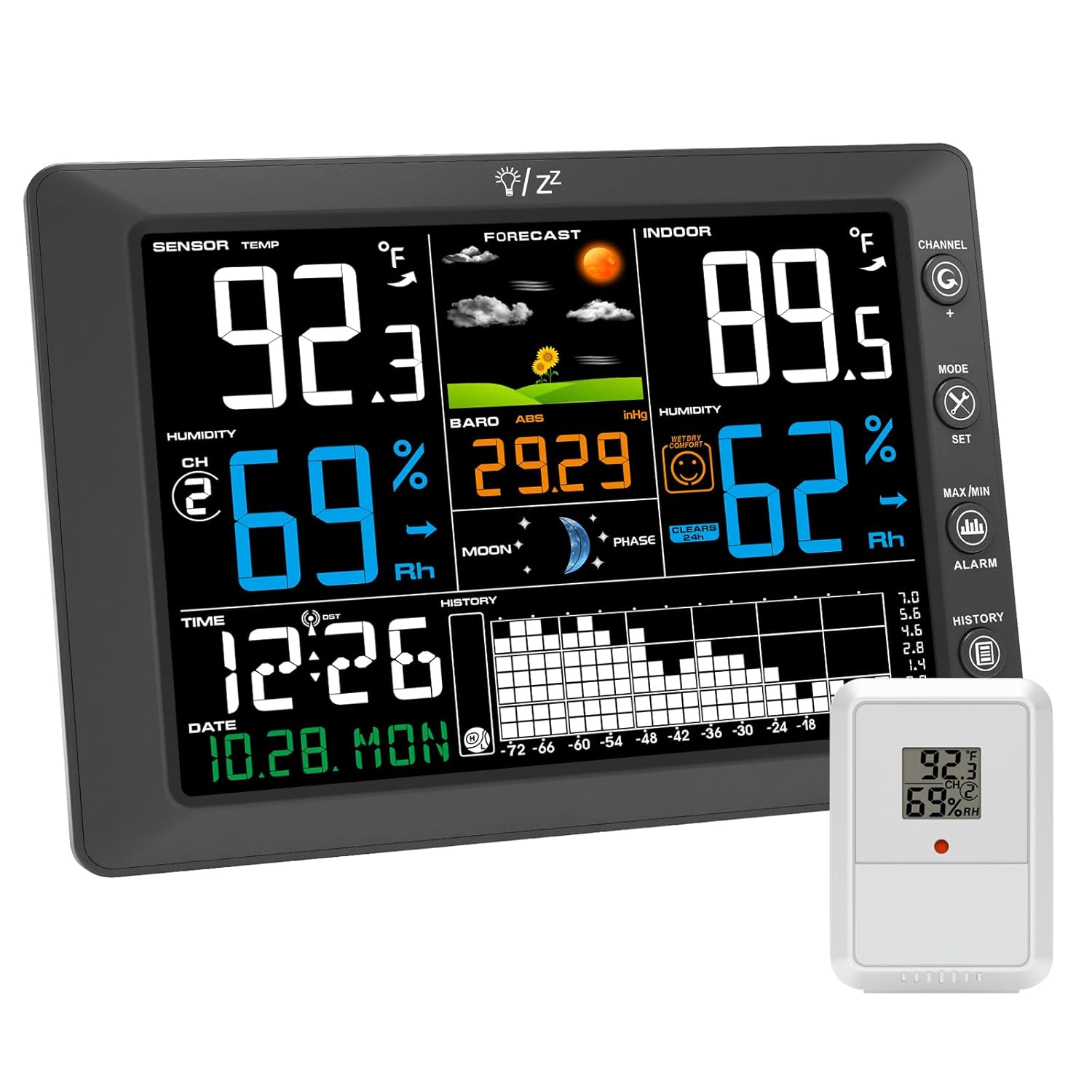 Urageuxy Wireless Weather Station with Indoor Outdoor Thermometer, Atomic Clock, 8.3″ Large Color Display, Barometric Pressure Monitor, Forecast, 328ft Range for Home, Patio, RV, Garage