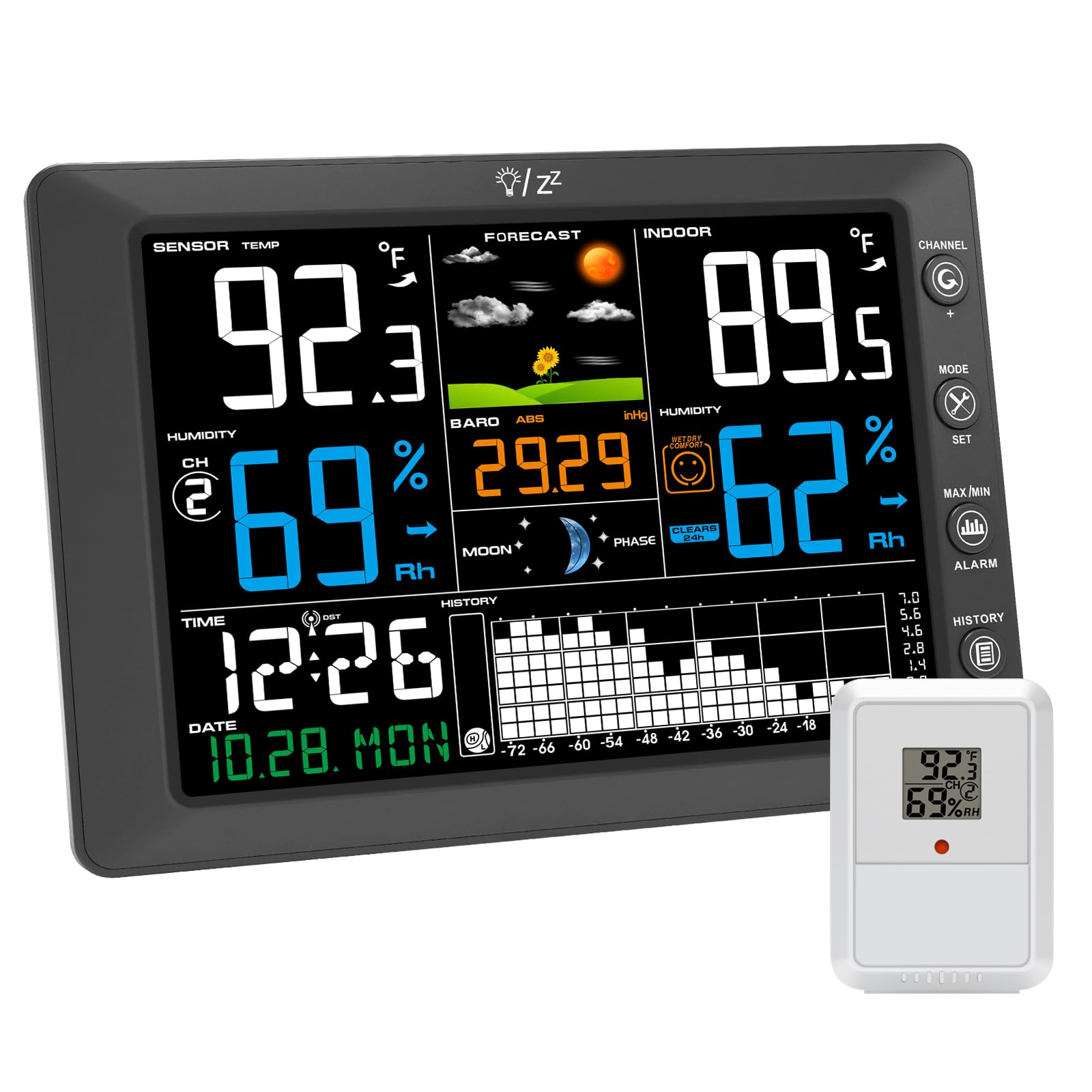 Urageuxy Stazione meteo radio con sensore esterno, orologio radio DCF con grande display a colori, termometro interno esterno, igrometro, previsioni meteo, distanza di trasmissione, misurazione della
