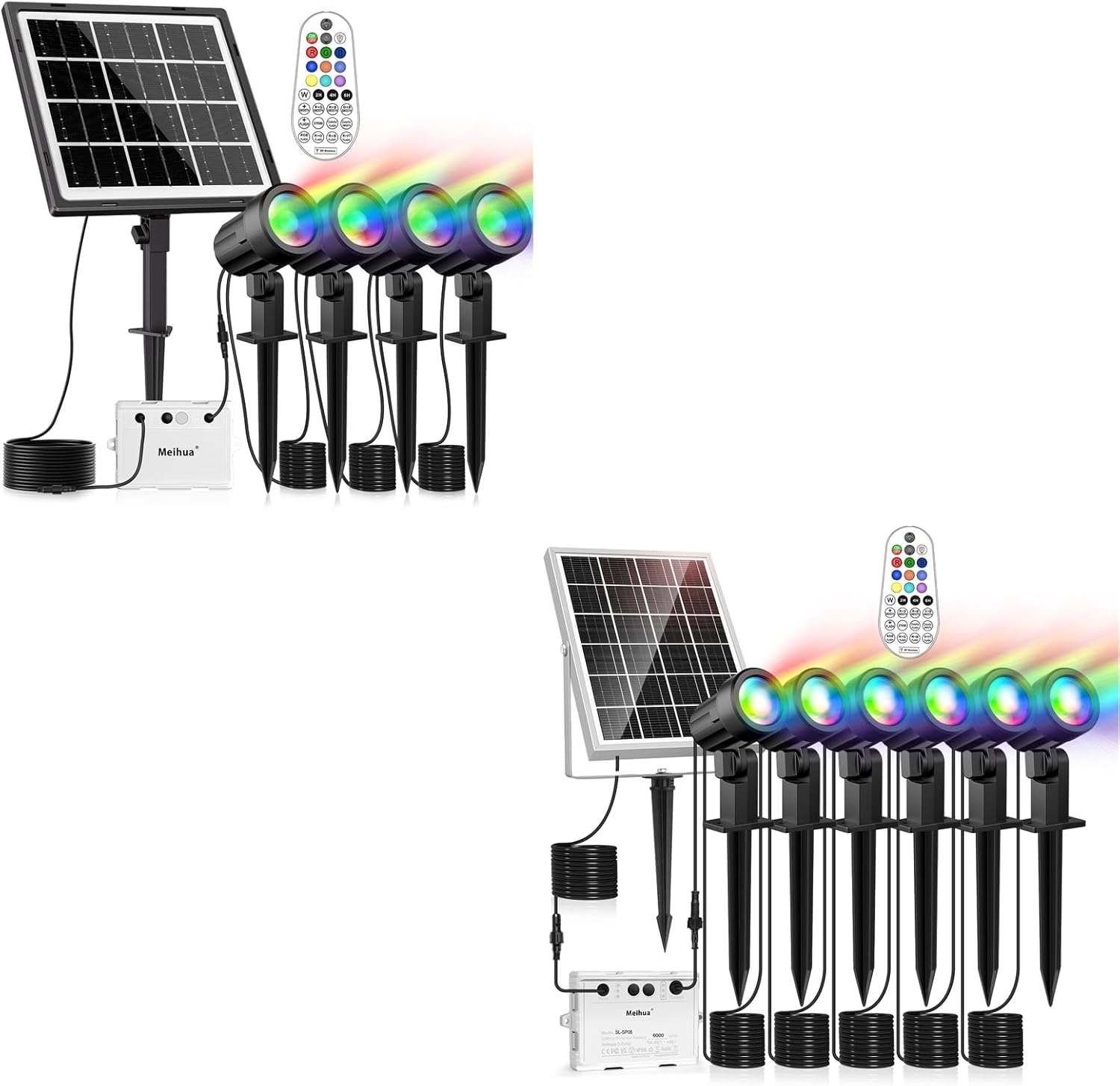 MEIHUA Solar Spot Lights Outdoor Color Changing, 4 in 1 and 6 in 1 Solar Landscape Lighting RGB Spotlights with Remote Control, IP66 Waterproof Solar Lights Outdoor Garden for Pathway Yard Pool Tree
