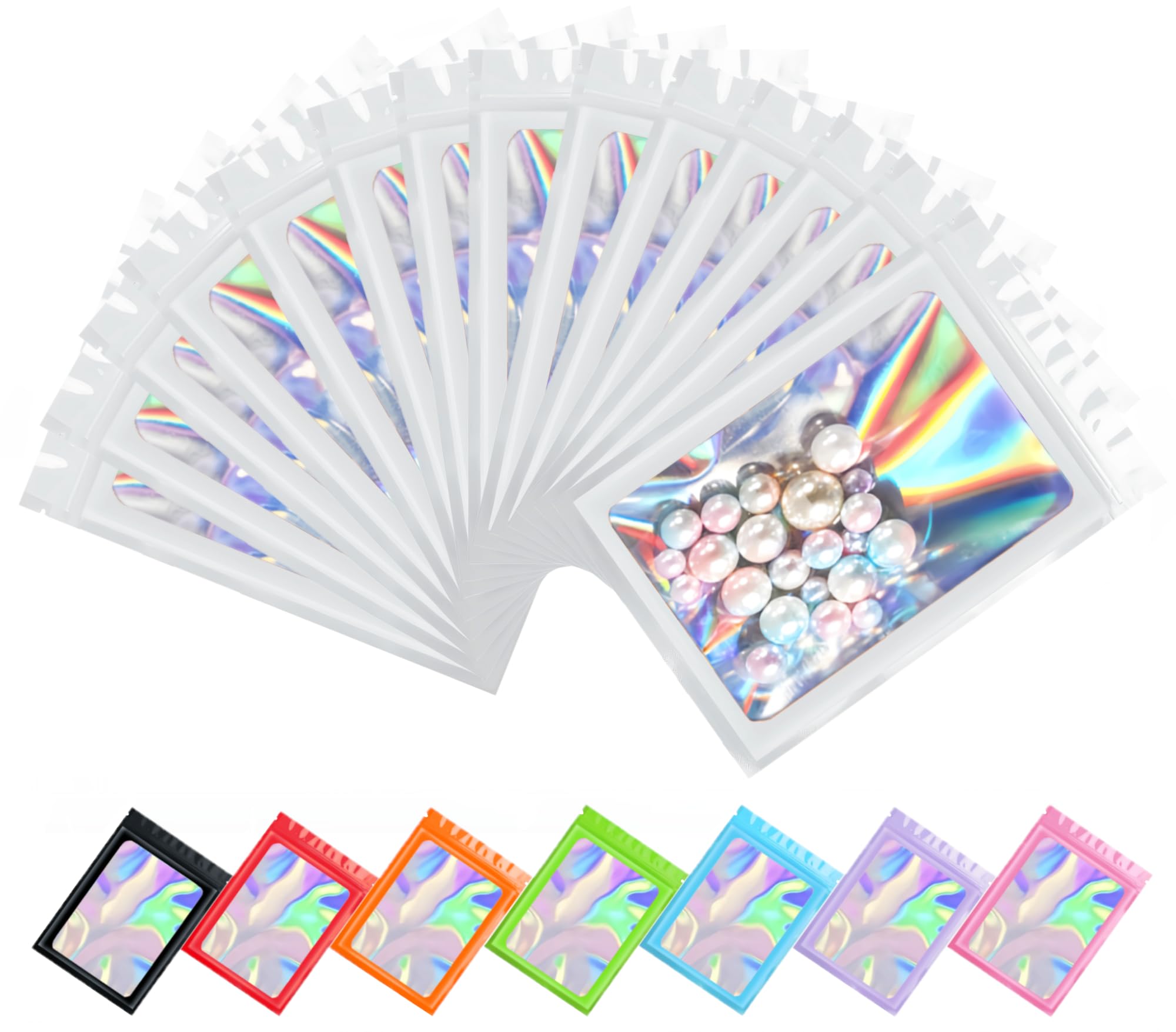 Plaphy 100-Pack Resealable Holographic Mylar Bags with Clear Window, Ziplock Sample Bags, Aluminium Foil-Lined Pouches for Food Storage, Snacks, Jewellery & Accessories (White, 4.7 x 7.9 inches)