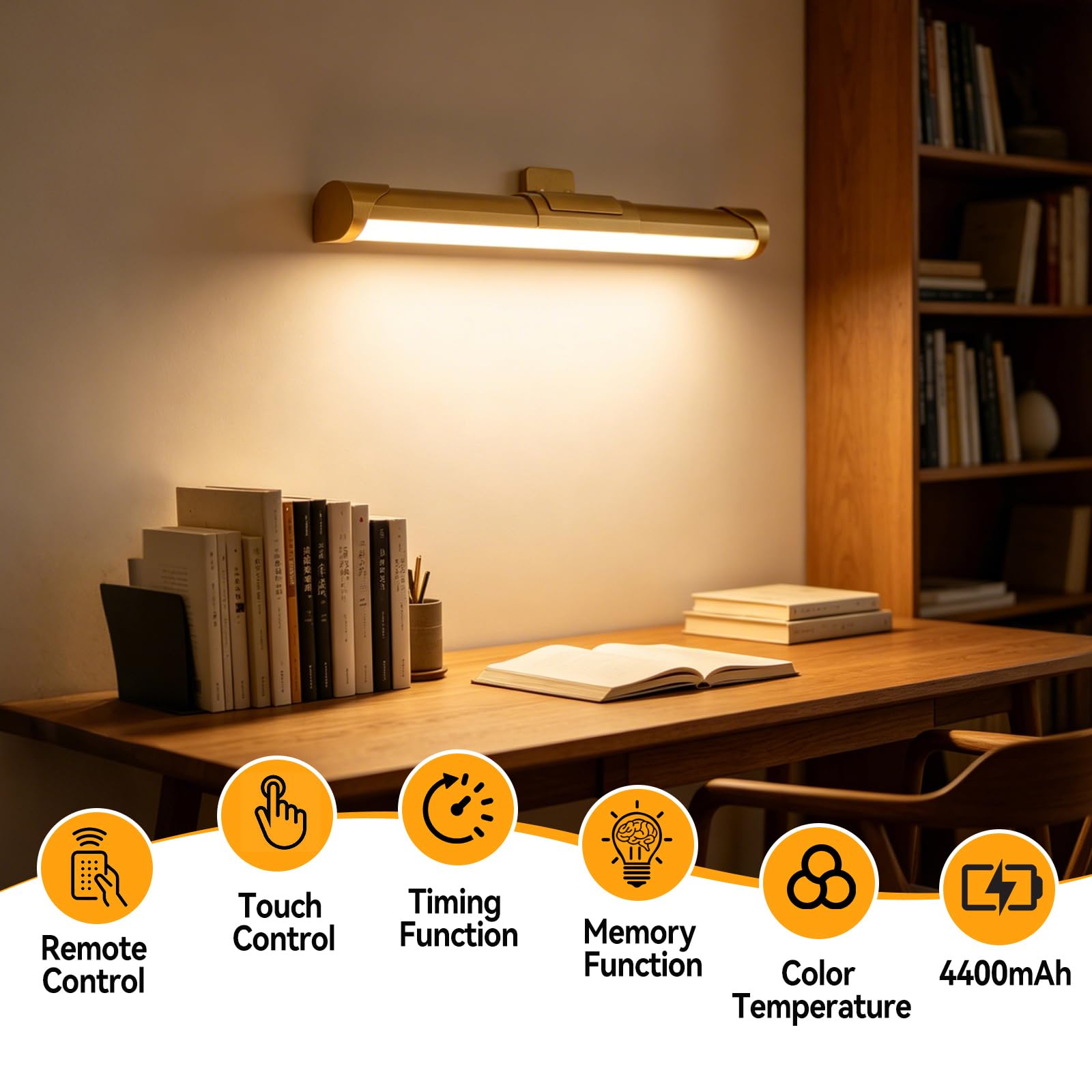 Kabellose Bilderleuchte, 2er-Pack magnetische LED-Kunstdisplayleuchte mit Timerfunktion, Fernbedienung und Touch-Steuerung, stufenlos dimmbares Licht für Wandbilder, Badezimmerspiegel (Gold)