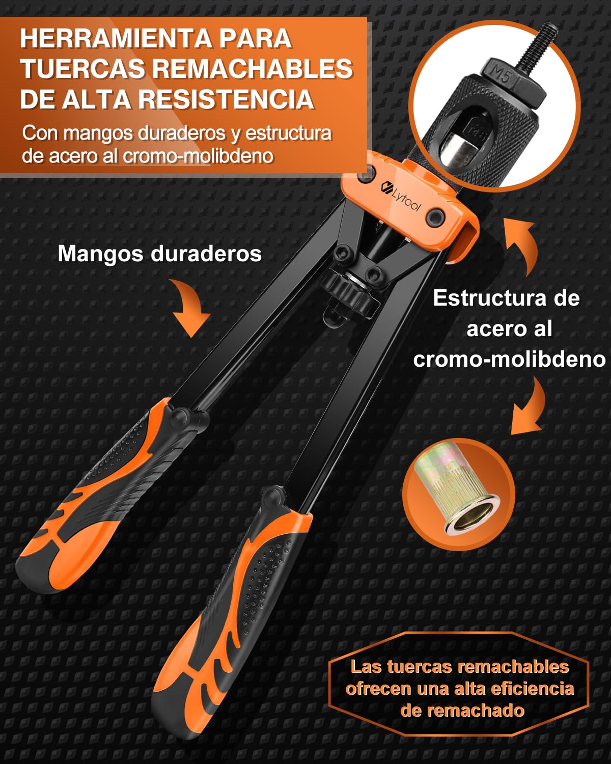 Remachadora de Tuercas, Lytool 14" Pistola Remachadora Profesional Remachadora Manual Con 205pcs Tuercas de Remache, y 6 Mandriles Intercambiables M3 M4 M5 M6 M8 M10