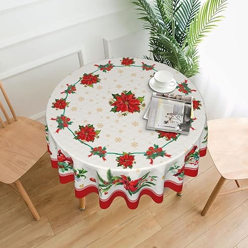 Miniatura 3 de Mantel redondo de Navidad de 60 pulgadas, mantel floral rojo con copos de nieve para decoración de cocina de granja, mantel de tela de poliéster