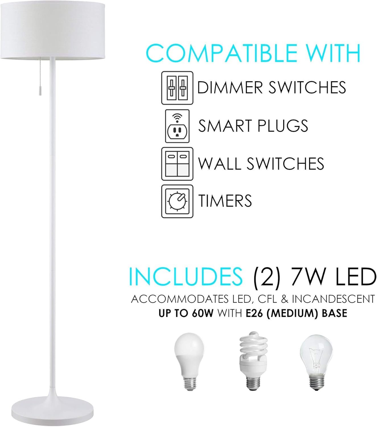 Black Friday - 70% OFF Kira Home Iris 63 2-Light Modern LED Floor Lamp + 7W Bulb (Energy Efficient/Eco-Friendly) + Sophisticated Textured Shade, White Finish