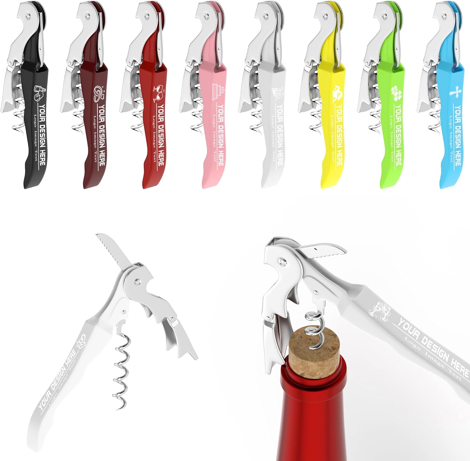 5 Custom Wine Opener, Personalized Wine Bottle Opener with Logo Text, Stainless Steel Corkscrews for Wine Bottles w/Foil Cutter, Wine Key for Servers, Waiters, Bartenders and Home Use (White)
