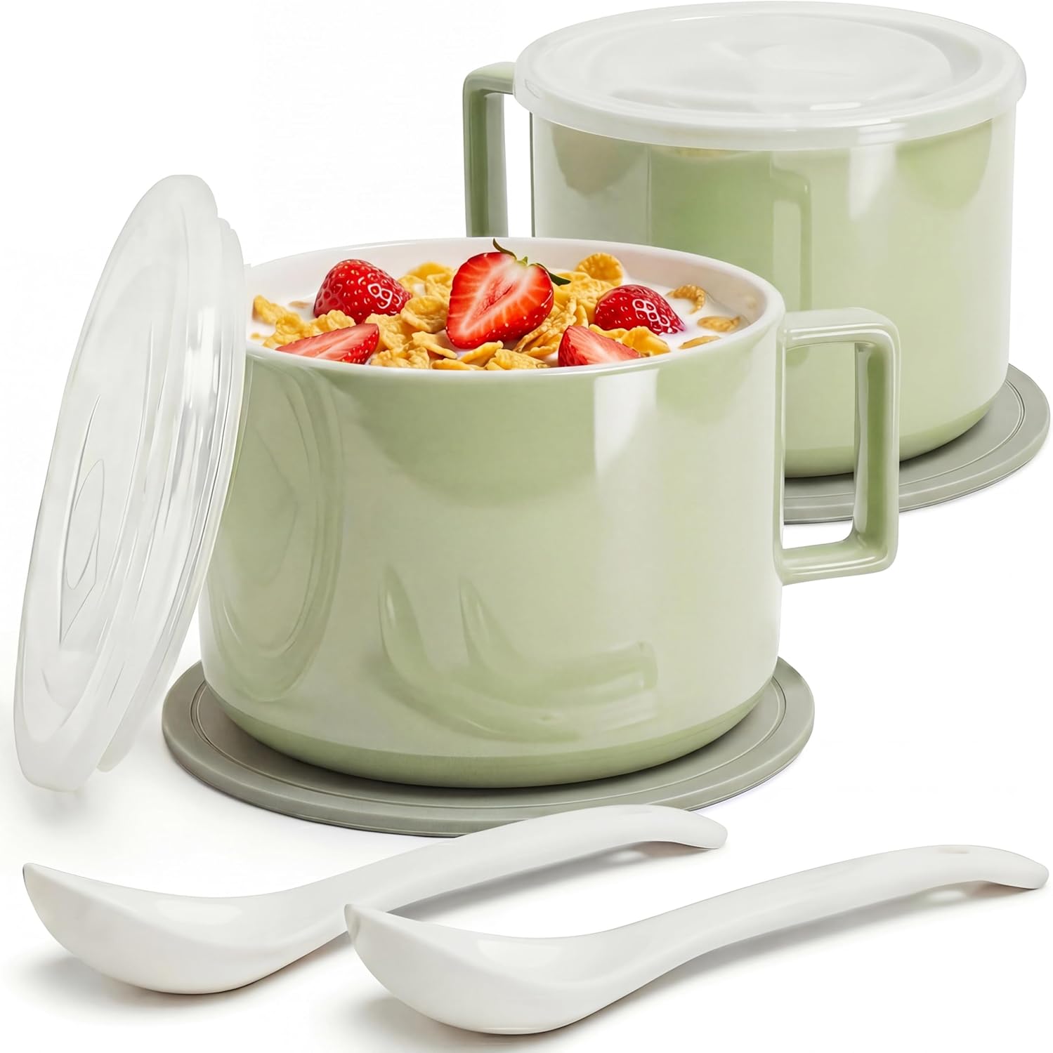 Ceramic Soup Bowls with Handles & Lids, 30oz Soup Mug Set, Microwave & Dishwasher Safe Ramen Bowls for Soup, Cereal & Oatmeal, with Spoon & Trivet, Set of 2, Green