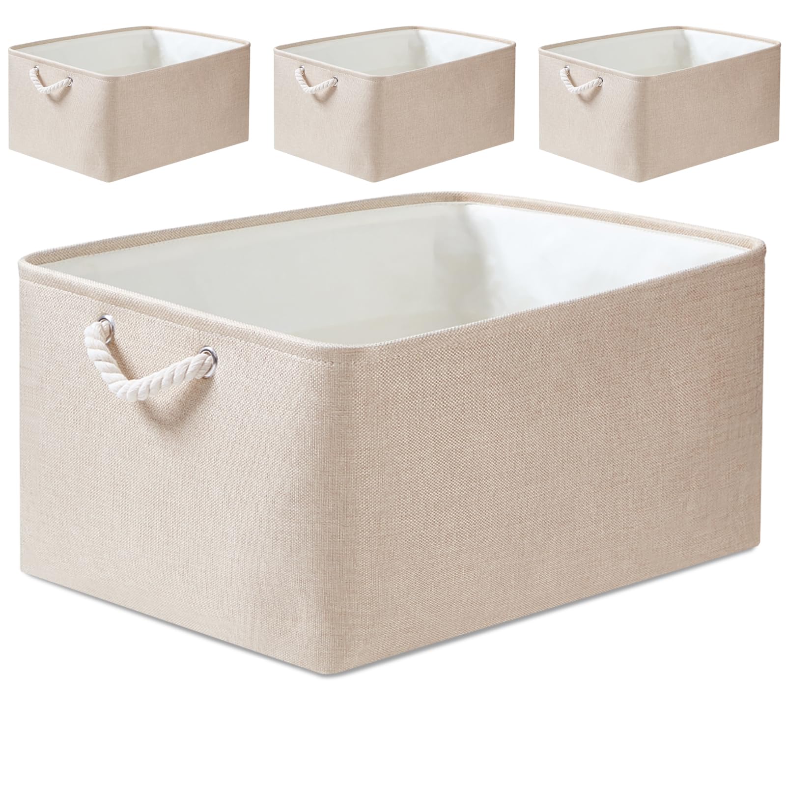 Mangata 4 Pack Linen Storage Boxes, Multi-Size, Rectangular Organiser Baskets for Shelves, Toys, and Clothes, 36x26x18cm(Light Khaki, Medium)