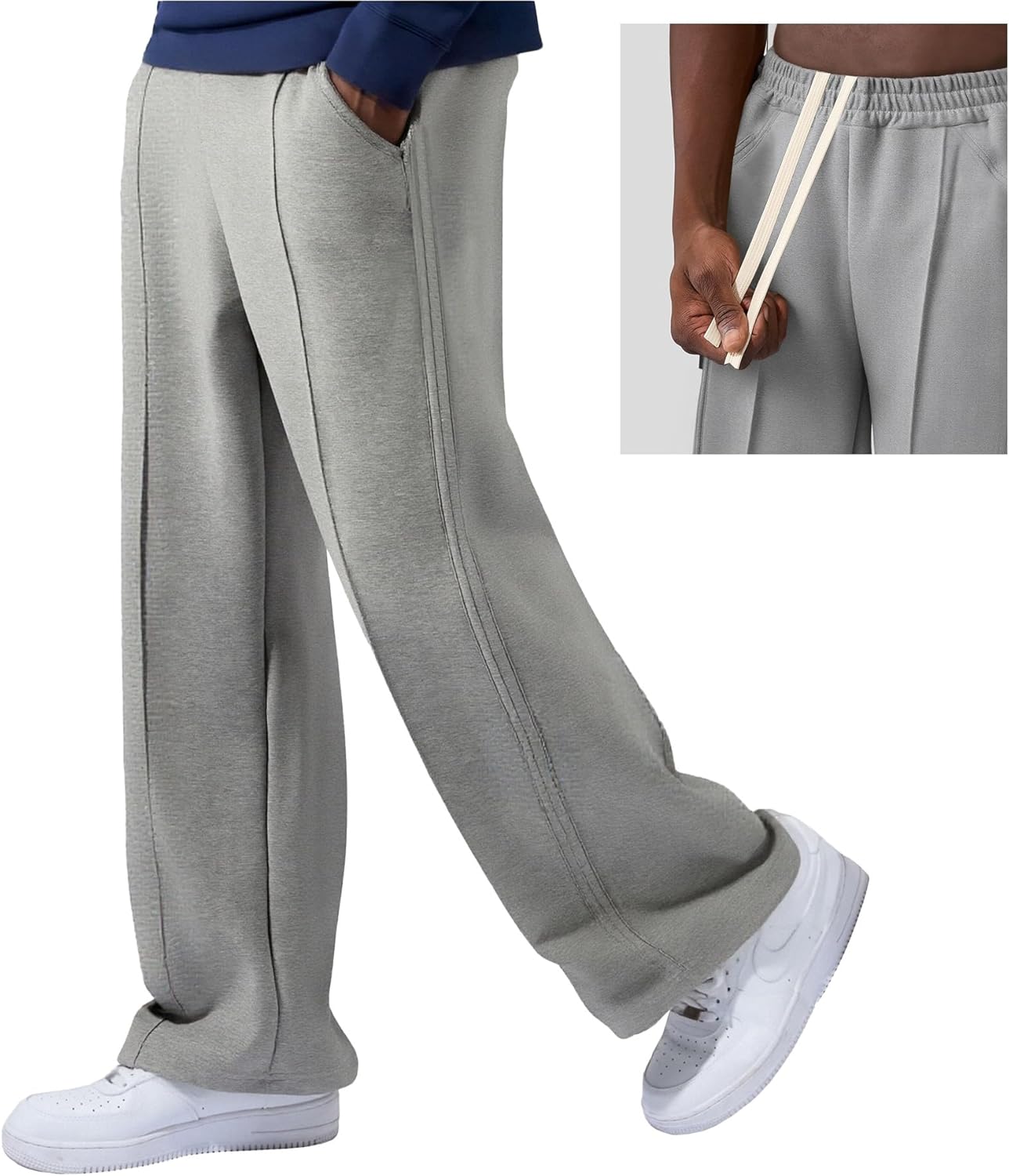 Fioboc Men's Baggy Sweatpants Wide Leg Pants Drawstring Elastic Waist Curved Design Casual Pants with Pockets - Image 2