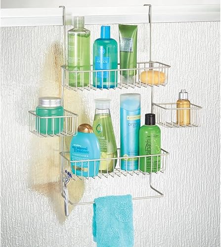 Miniatura 2 de mDesign Organizador de ducha de acero para colgar sobre la puerta, organizador de ducha colgante con 4 canastas, 2 ganchos, organizador colgante en