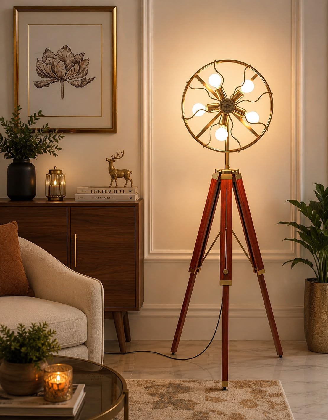 Luxury Vintage Tripod Floor Lamp | LED Antique Brass Fan Look Standing Light with Wooden Adjustable Stand | Retro Industrial Decorative Lamp for Living Room, Bedroom, Office & Hotel Décor-picture-27