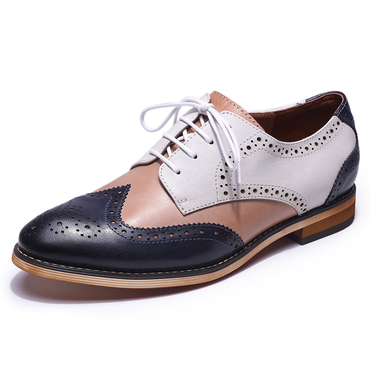 Mona flying Women's Comfortable Multicolored Wingtip Oxfords Brogue Lace-up Leather Shoes for Womens Ladies