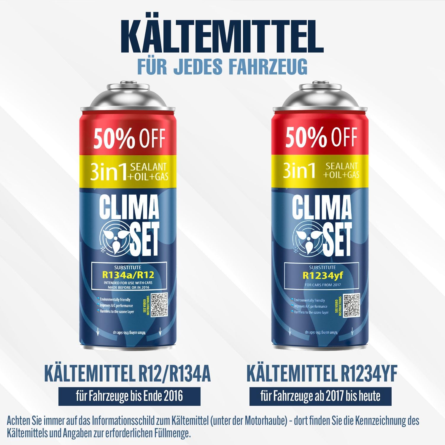 ClimaSet 3in1 R1234yf Kältemittel Ersatzgas - Kühlmittel Klima Auto mit Klima Dichtmittel und Öl - Gasflasche 2x235 g - Auto Klimaanlage Nachfüllset - Klimaanlage Wohnmobil - ECO