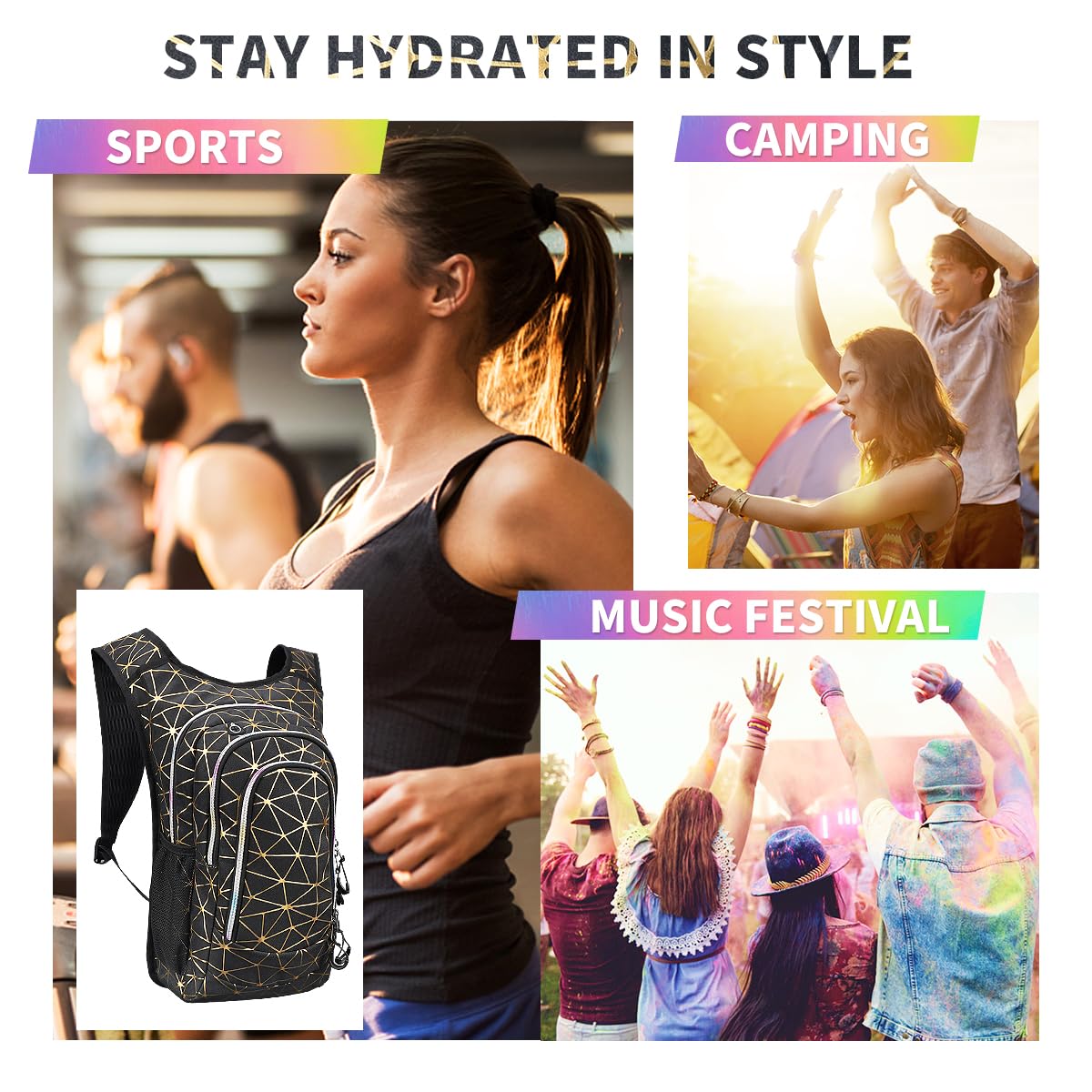 Sac à dos d'hydratation avec poche d'hydratation de 2 L, sac à dos d'eau essentielle de festival, sac à dos d'hydratation léger Hydropack Hydro pour la course, le vélo, les festivals de