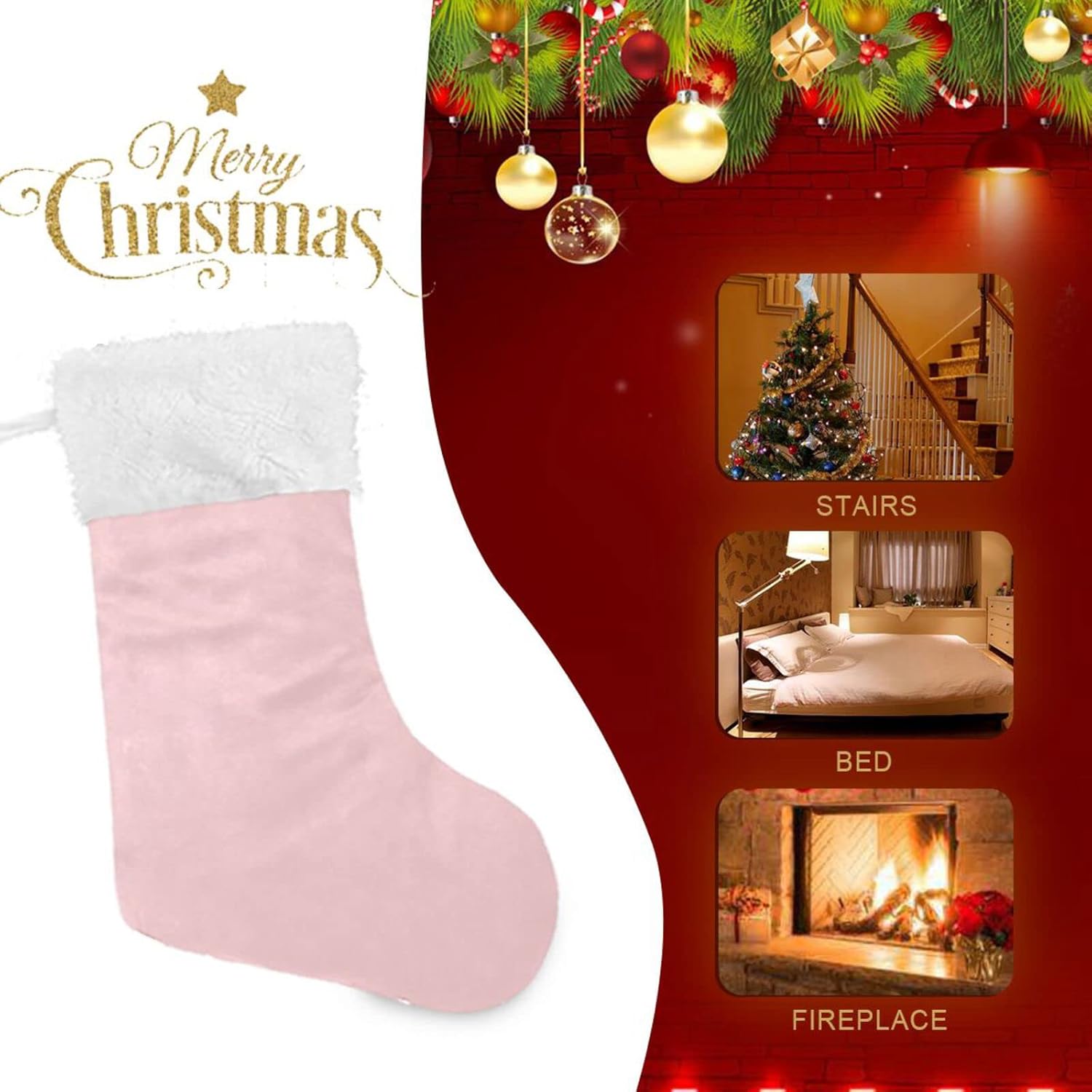Kigai 1 Pack Christmas Stocking with Pink Solid Color Print, Soft Plush Cuff Fireplace Xmas Hanging Stockings for Family Holiday Party Decorations - Image 4