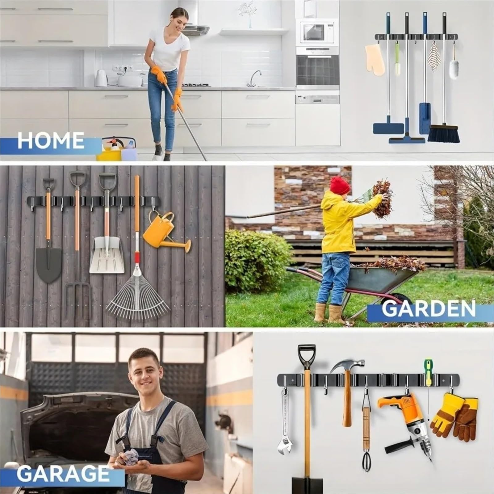 Porta Scope Parete Portautensili in metallo resistente, multifunzionale, salvaspazio, con 4 slot e 5 ganci per cucina