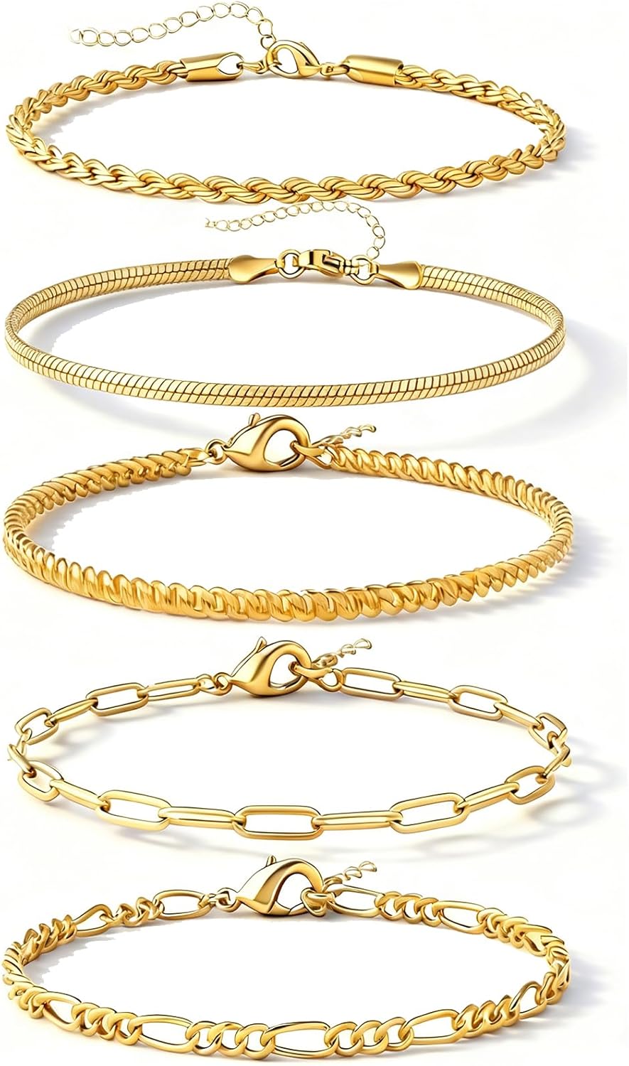 Alegend Bracelet Set 14K Gold Plated Multiple Classic Chain Types Paperclip, Twisted,Cuban,Snake Bone,O-Chain Lobster Clasp Adjustable Extender