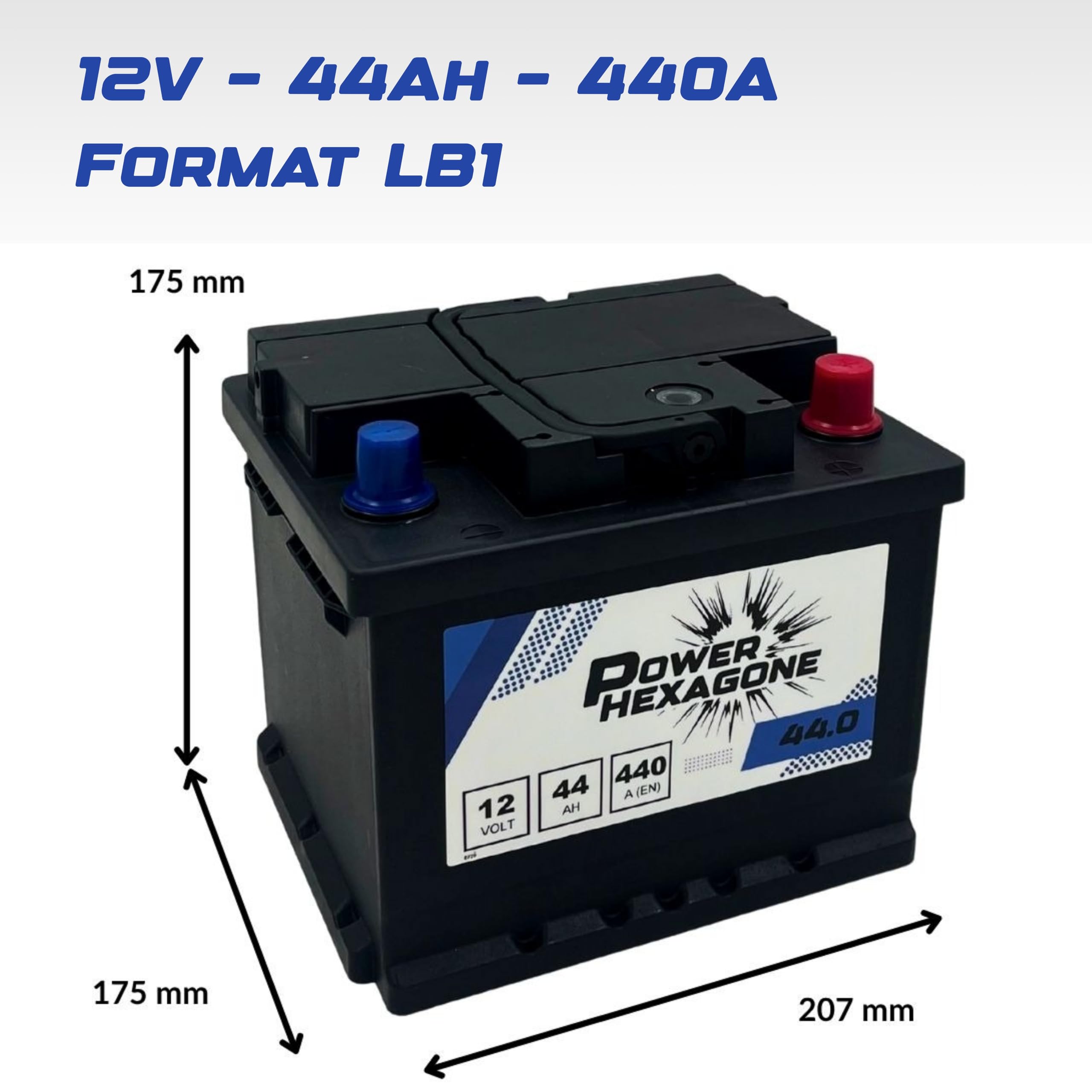Batterie Voiture 12V 44Ah LB1 - Démarrage 440A - Format Compact pour citadine - Batterie Auto Sans Entretien - Remplacement Origine constructeur - Power Hexagone livraison rapide