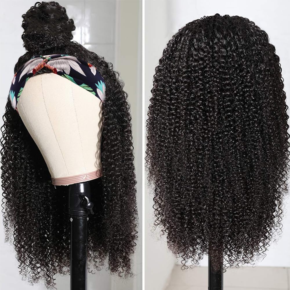 Afro Kinky Curly Human Hair Half Wigs for Black Women Wear & Go Glueless Wigs Human Hair Seamless Kinky Curly Flip Over Drawstring Clip in Half Wig No Sew In 200% Density Natural Color 22 Inch
