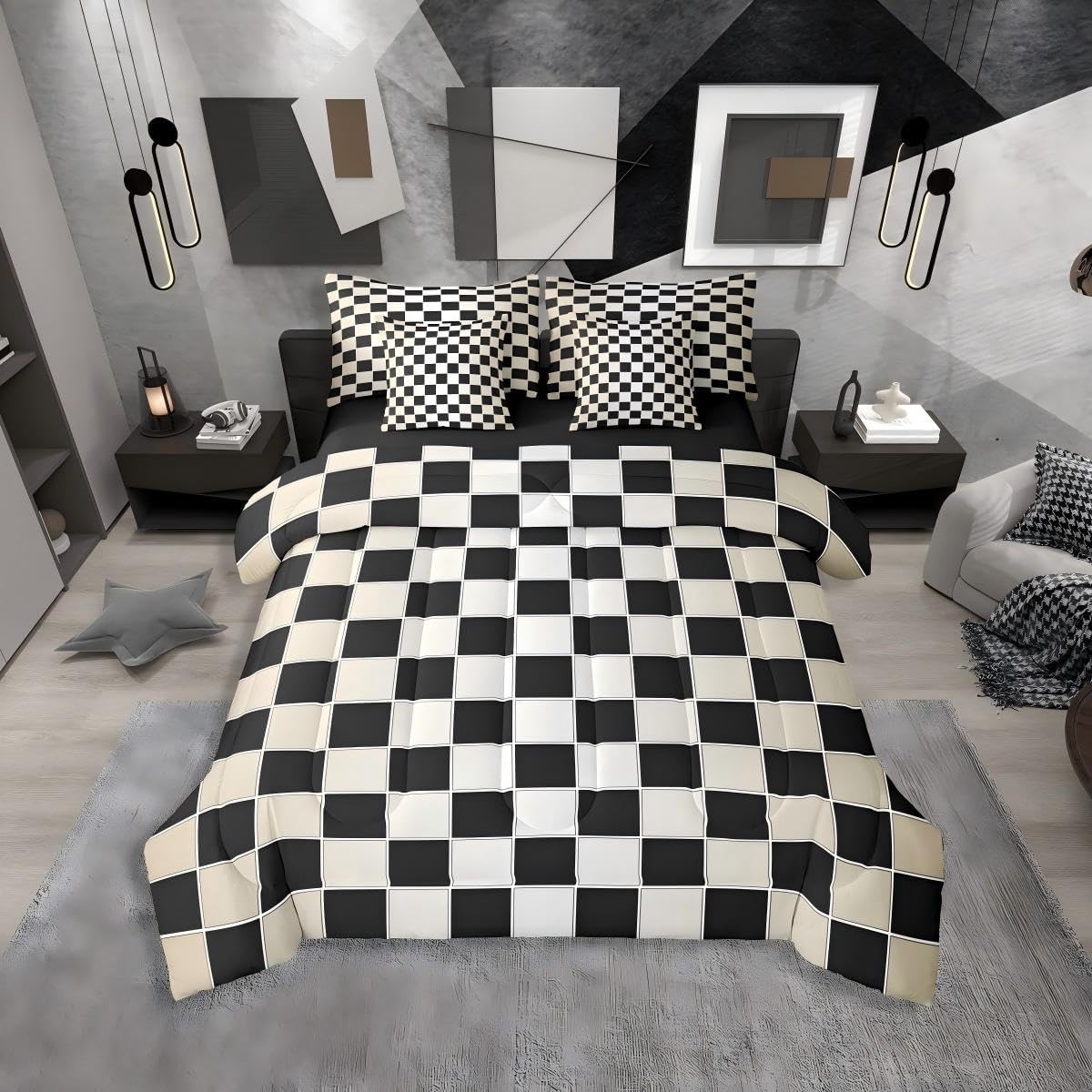 Erosebridal Black Checkered Queen Bed in A Bag 7 Piece Beige Greyish White Ombre Comforter Set with Sheets Buffalo Plaid Grid Bedding Sets for Kids Adults,Aesthetic Gingham Bed Set