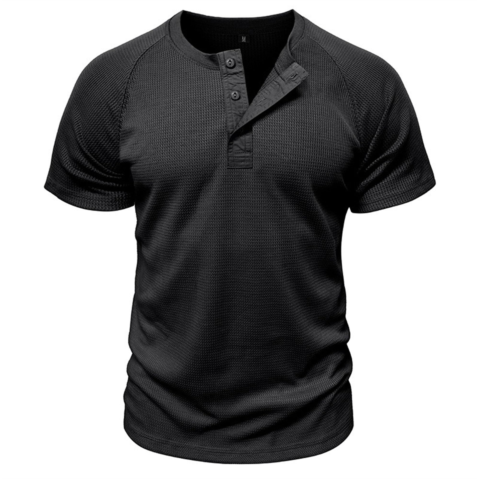 Men Quarter Button Waffle Henry Shirts Round Collar T Shirt for Business Work Summer Loose Trendy Pullover Tops (Black,Large)