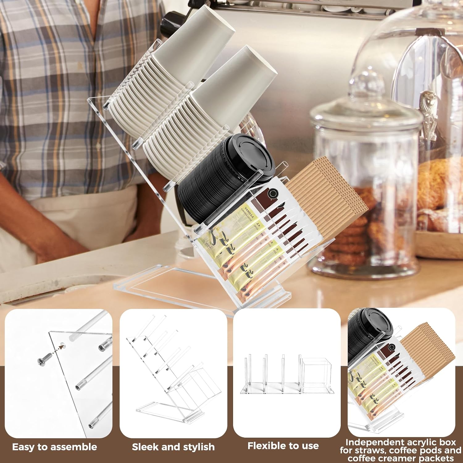 Acrylic Cup and Lid Holder, Adjustable Holder Organizer Disposable Cup Dispenser Stand with Coffee Pod, Creamer Straw Organizer Countertop for Coffee Bar Station Bakery Breakroom