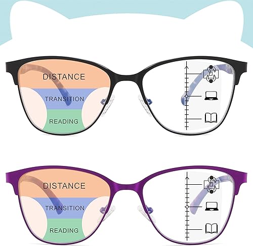 Gafas de lectura multifocales progresivas para mujer, ojo de gato, sin línea, multifoco, transición, luz azul, marco de metal