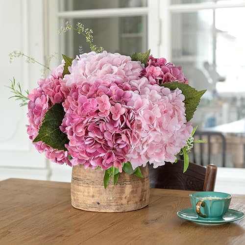 Miniatura 5 de 3 piezas de hortensias magenta de tacto real de 21 pulgadas, hortensias grandes de látex con tallos largos para centros de mesa de boda, centros de