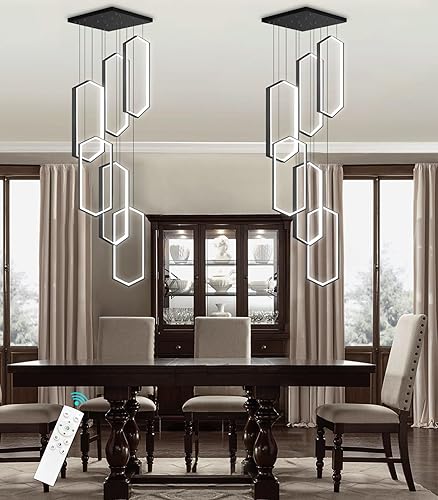 Miniatura 20 de Candelabro moderno de 6 anillos, luz LED dorada contemporánea para entrada de sala de estar, lámparas de techo alto regulables con control remoto