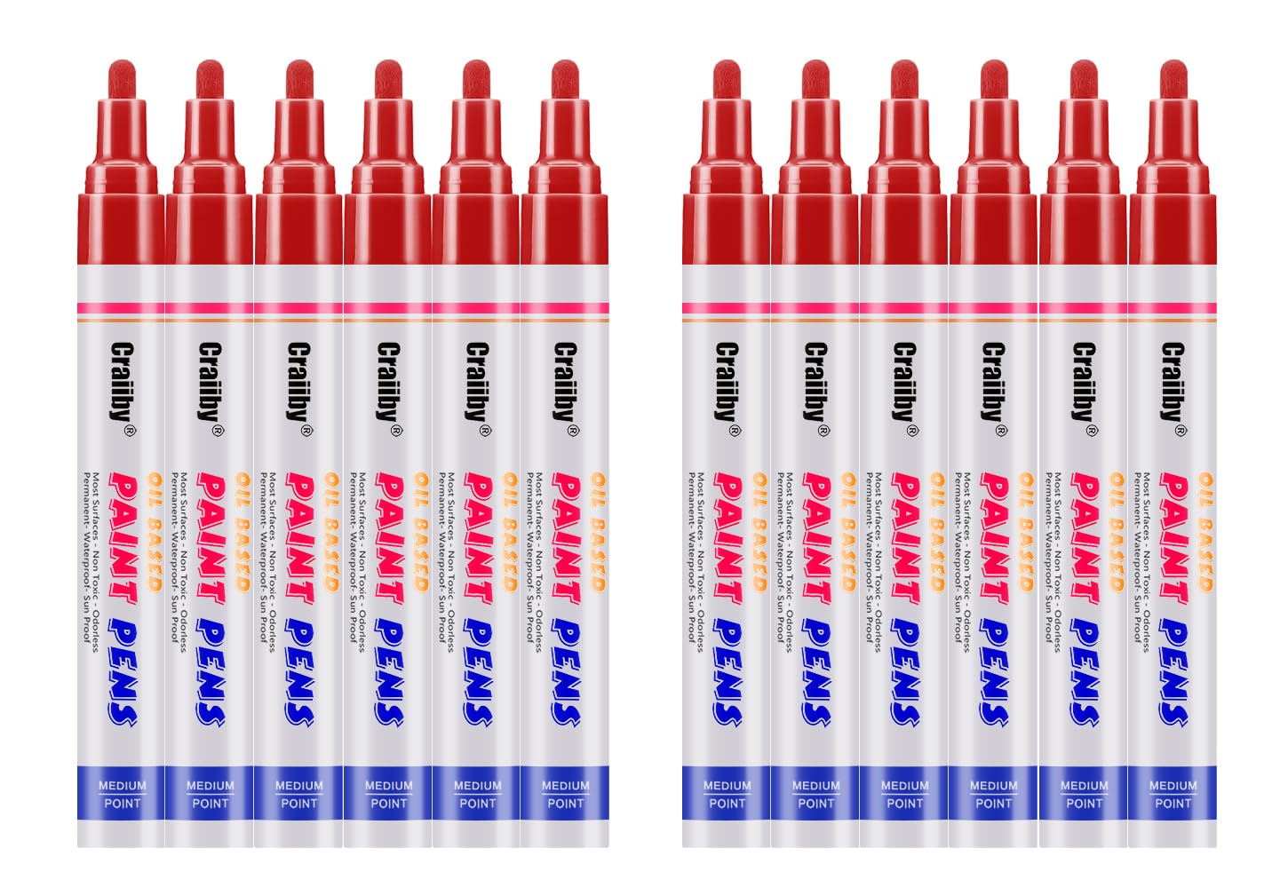 Red Paint Markers, 12 Pack Oil-Based Waterproof Quick Dry Permanent Paint Pen Set for Rocks Painting, Wood, Fabric, Plastic, Canvas, Glass, Mugs,