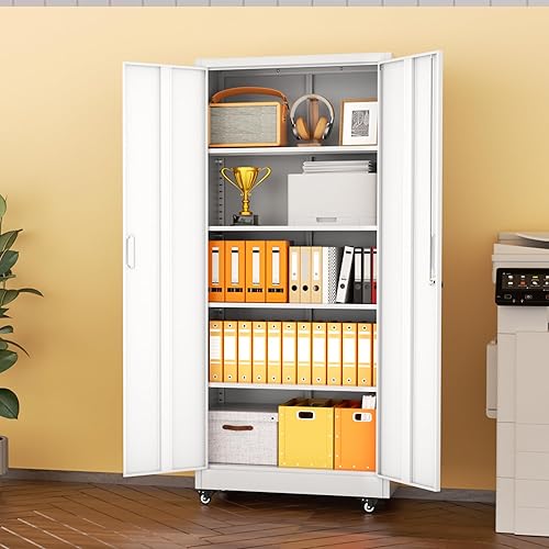 Miniatura 9 de INTERGREAT Armario de almacenamiento de metal con puertas y estantes, gabinete de almacenamiento de garaje de 72 pulgadas con cerradura, gabinete de