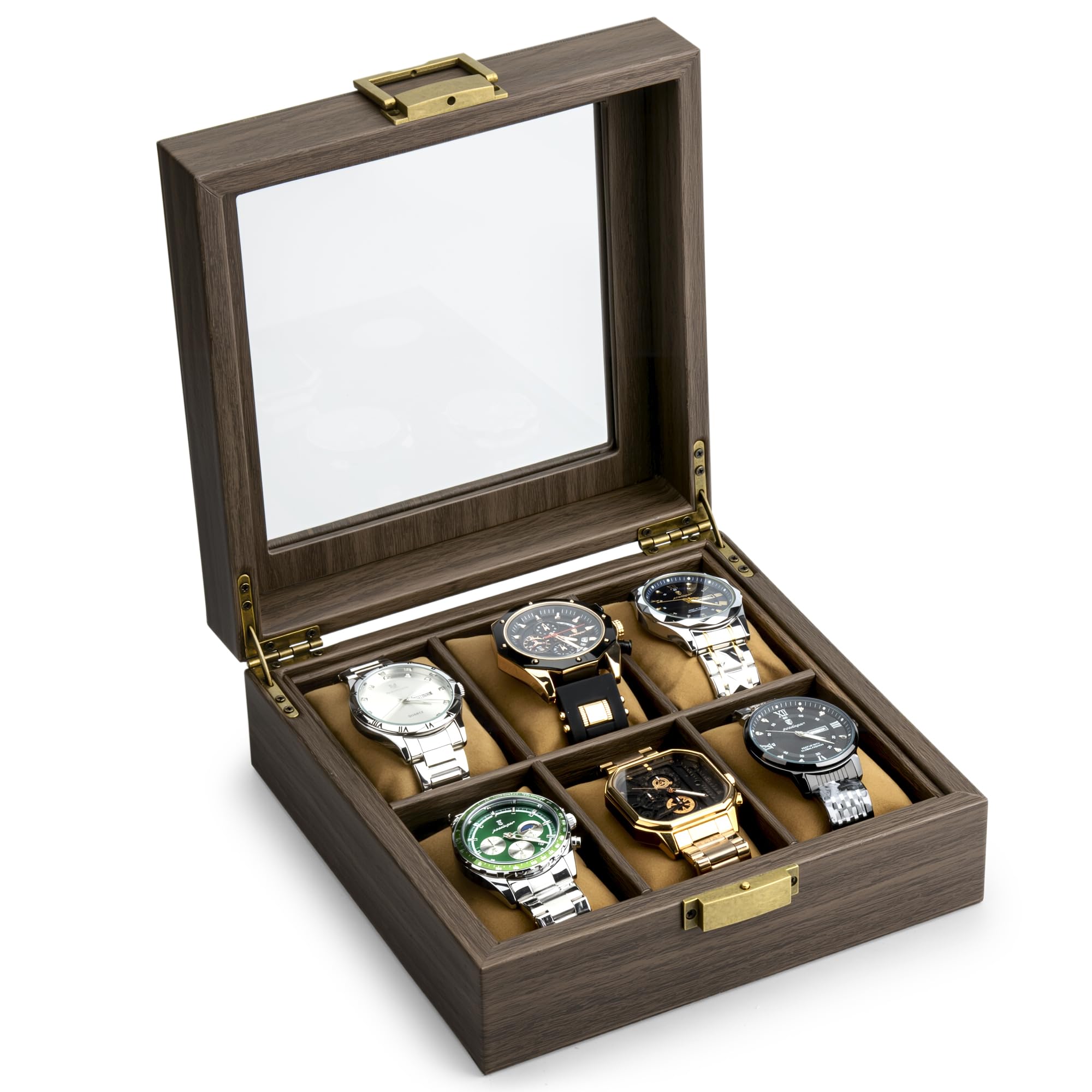ROFAY Massief Houten Horloge Box Organizer met Glas Top Display, Premium Kwaliteit Schors Textuur Horloge Case 6 Slots met Slot voor Sieraden Horloges Opslag