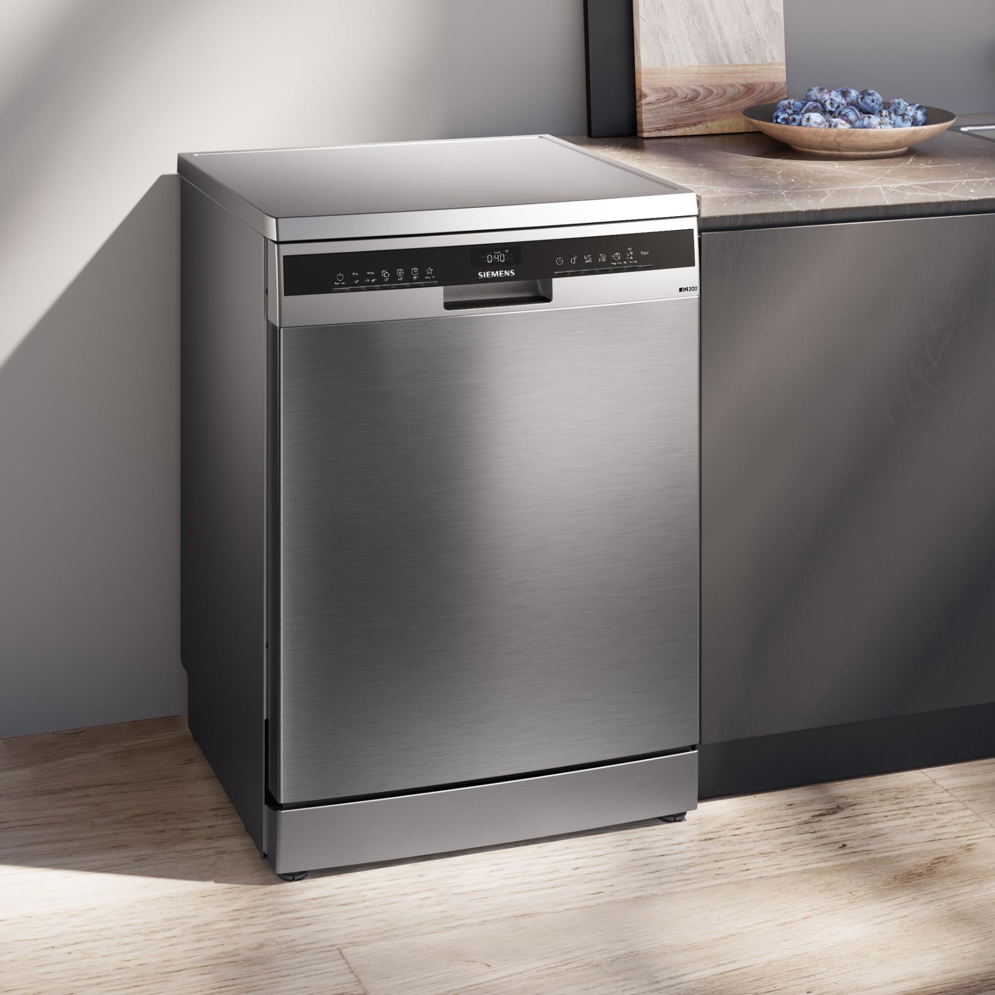Siemens - Lavavajillas de libre instalación, iQ300, 60 cm, Home Connect, varioSpeed+, autoOpen dry, Acero antihuellas, SN23EI03ME