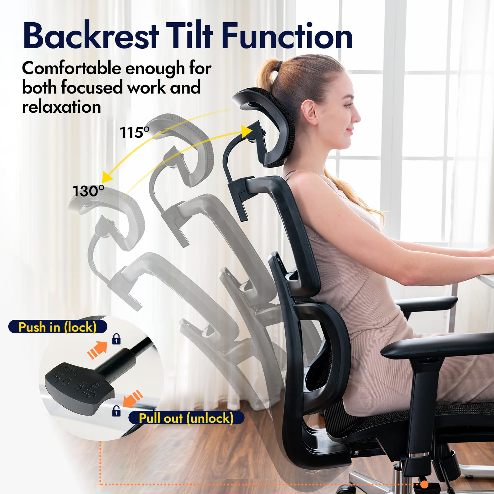 Chaise de Bureau, Fauteuil Ergonomique Professionnel - Dossier Mesh Respirant, Inclinaison 130°, accoudoirs 3D et Assise réglable - Pivotant, roulettes, 150 kg
