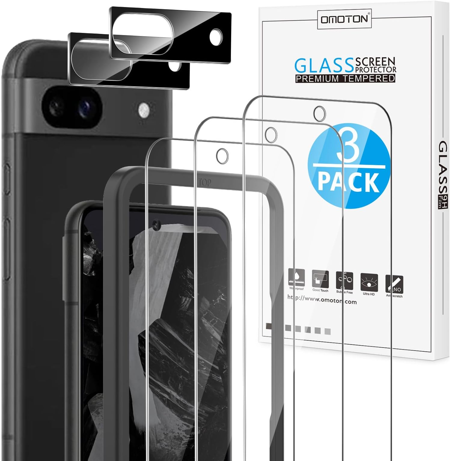 OMOTON 3+2 Pack for Google Pixel 8a Screen Protector, 3 Pack Tempered Glass Screen Protector & 2 Pack Camera Lens Protector for Pixel 8a 2024 Released 6.1-inch, Case Friendly/9H Hardness