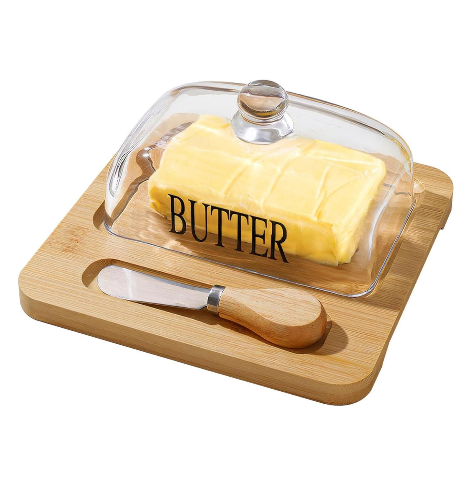 Butter Dish with Glass Lid, Bamboo Base, Clear Cheese Butter Dish with Handle, Butter Keeper Saver with Cover for Table, Kitchen Countertop, Refrigerator, Dishwasher Safe (WOOD, A)