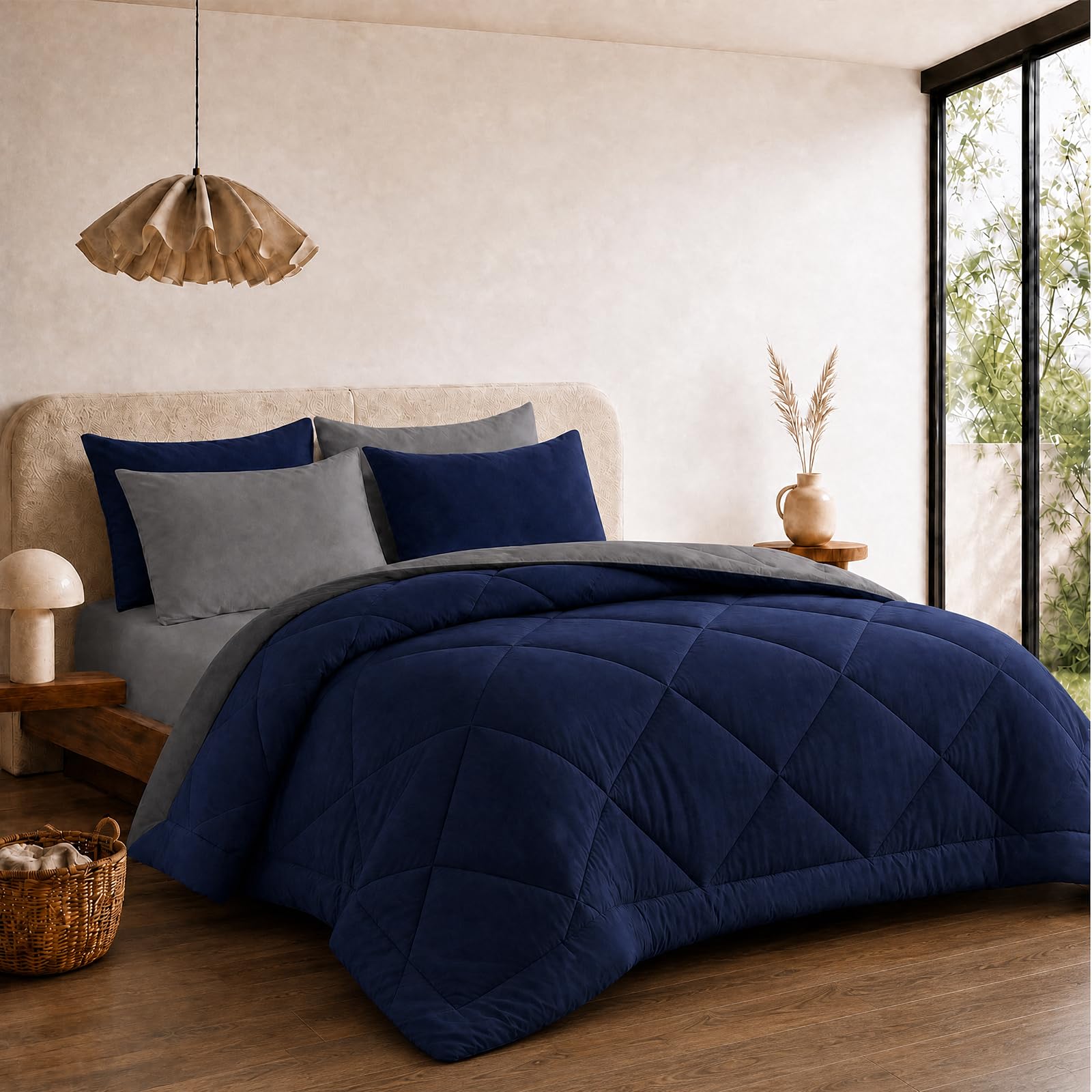 VelvetMis Coverless Duvet Double 10.5 Tog - 200x 200cm, Navy Blue And Grey Quilt, Reversible Comforter with 2 Pillowcases โ image 1
