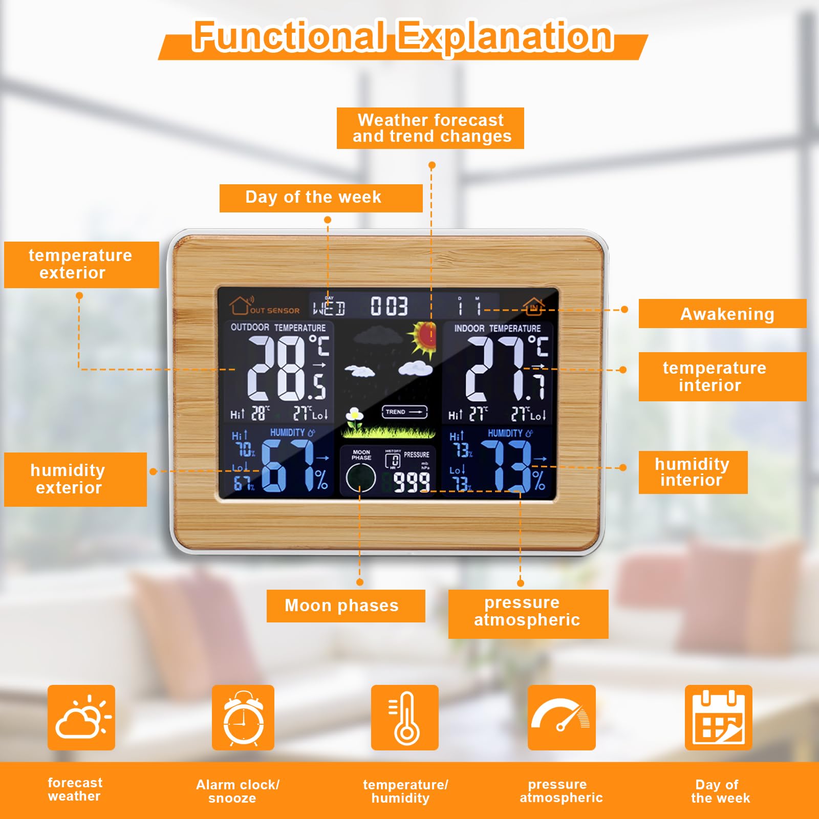 Station météo sans fil numérique colorée avec capteur extérieur, thermomètre intérieur et extérieur avec heure, date, température, humidité, baromètre, alarme, affichage des phases de la lune, horloge