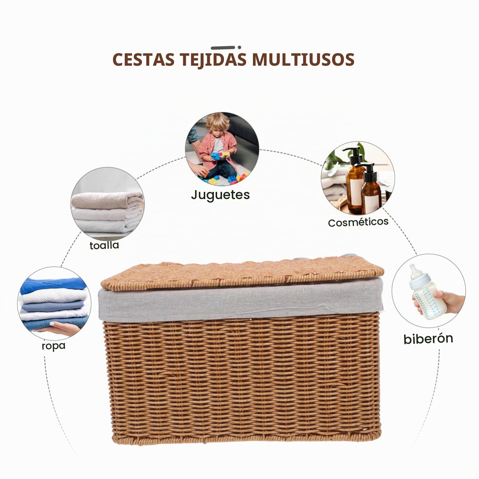 Healifty Cesta De Almacenamiento Rectangular Grande Con Tapa y Asas Dobles, Mimbre Tejido a Mano, Organizador Para Ropa, Libros y Juguetes, Adecuado Para Hogar, Cocina y Cuarto De Juegos