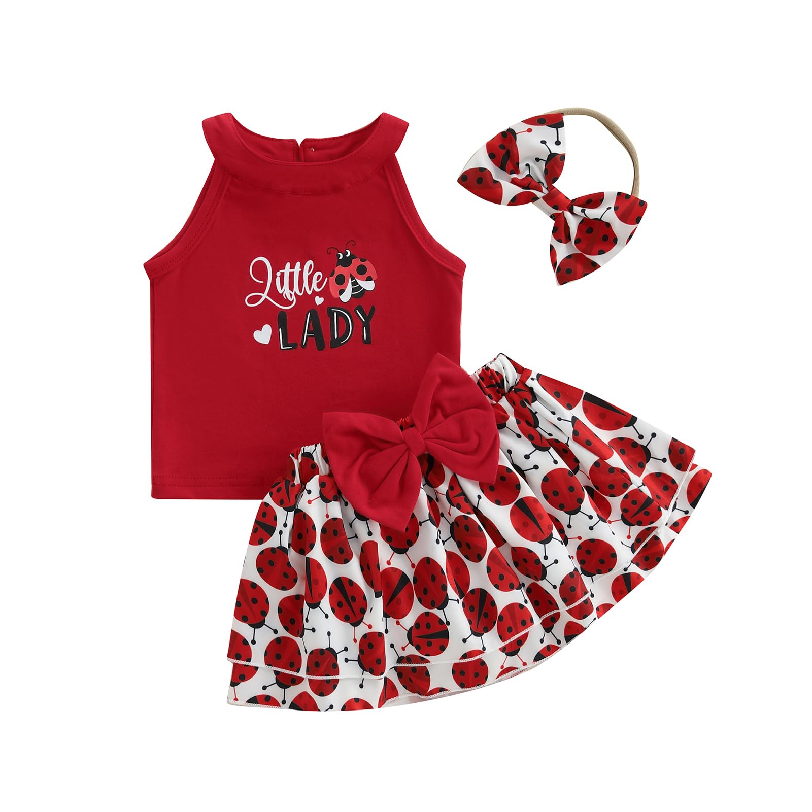 Gaono Baby Girl Summer Outfits Bee/Ladybird Print Sleeveless Tank Tops and Skirt Set Infant Summer Clothes (Red, 3-6 Months)