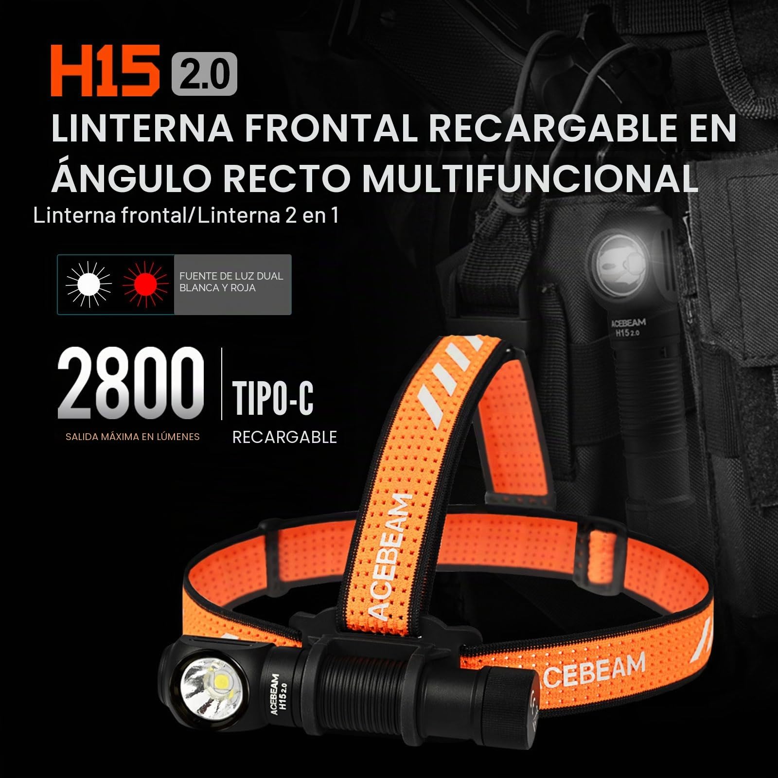ACEBEAM H15 2.0 linterna frontal led recargable, 2800 lúmenes, faro LED superbrillante con luz roja blanca, linterna de ángulo recto multifuncional para acampar al aire libre, reparar, pescar