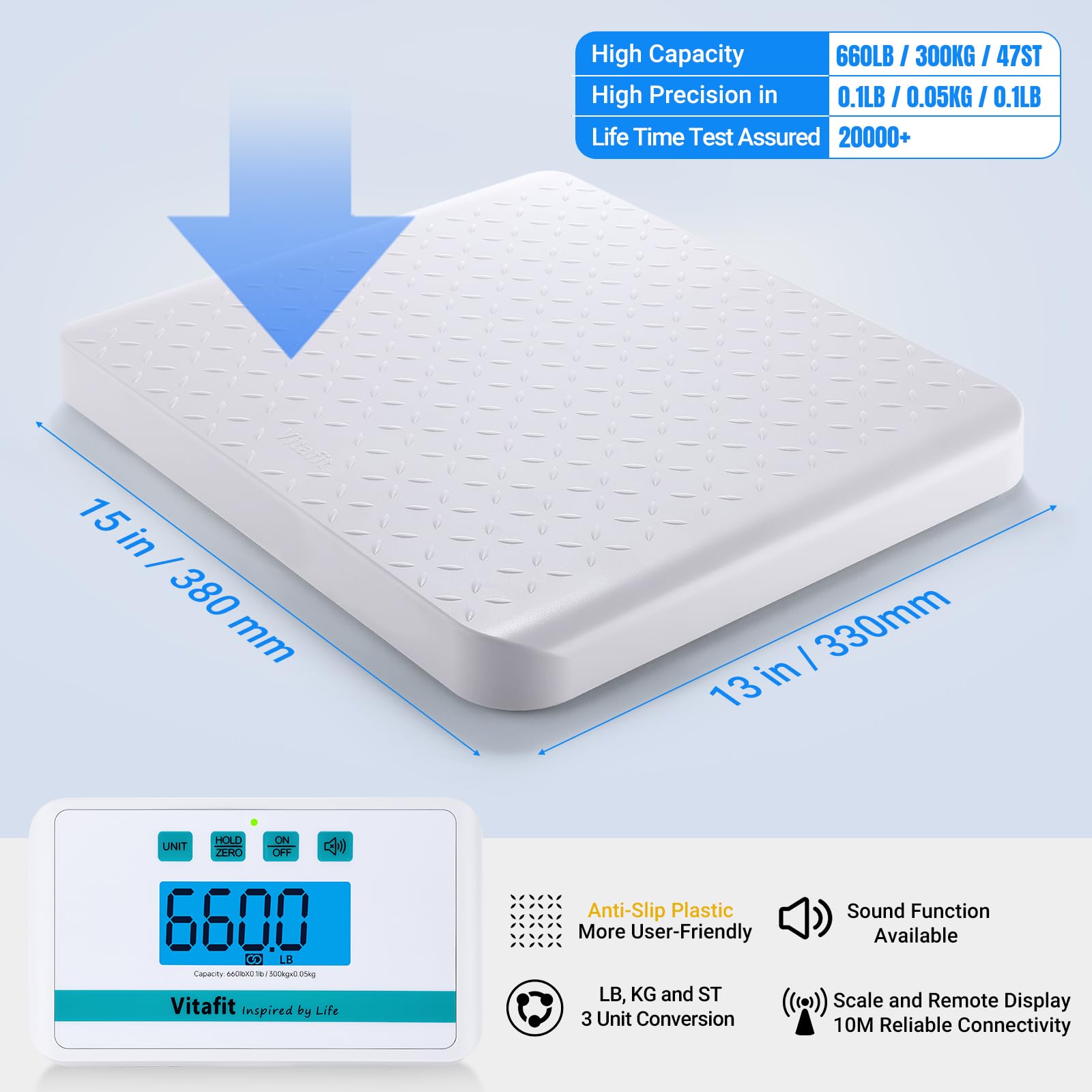 Vitafit Bilancia Medica, 300kg Precisione di 0,05kg dalla Nostra Fabbrica Professionale Dal 2001, Smart Pesapersone Digitale con Piattaforma Antiscivolo 380x330mm, Uso Ospedaliero, Medico e Officina